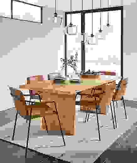 Detail of Corbett dining table in white oak in dining room.