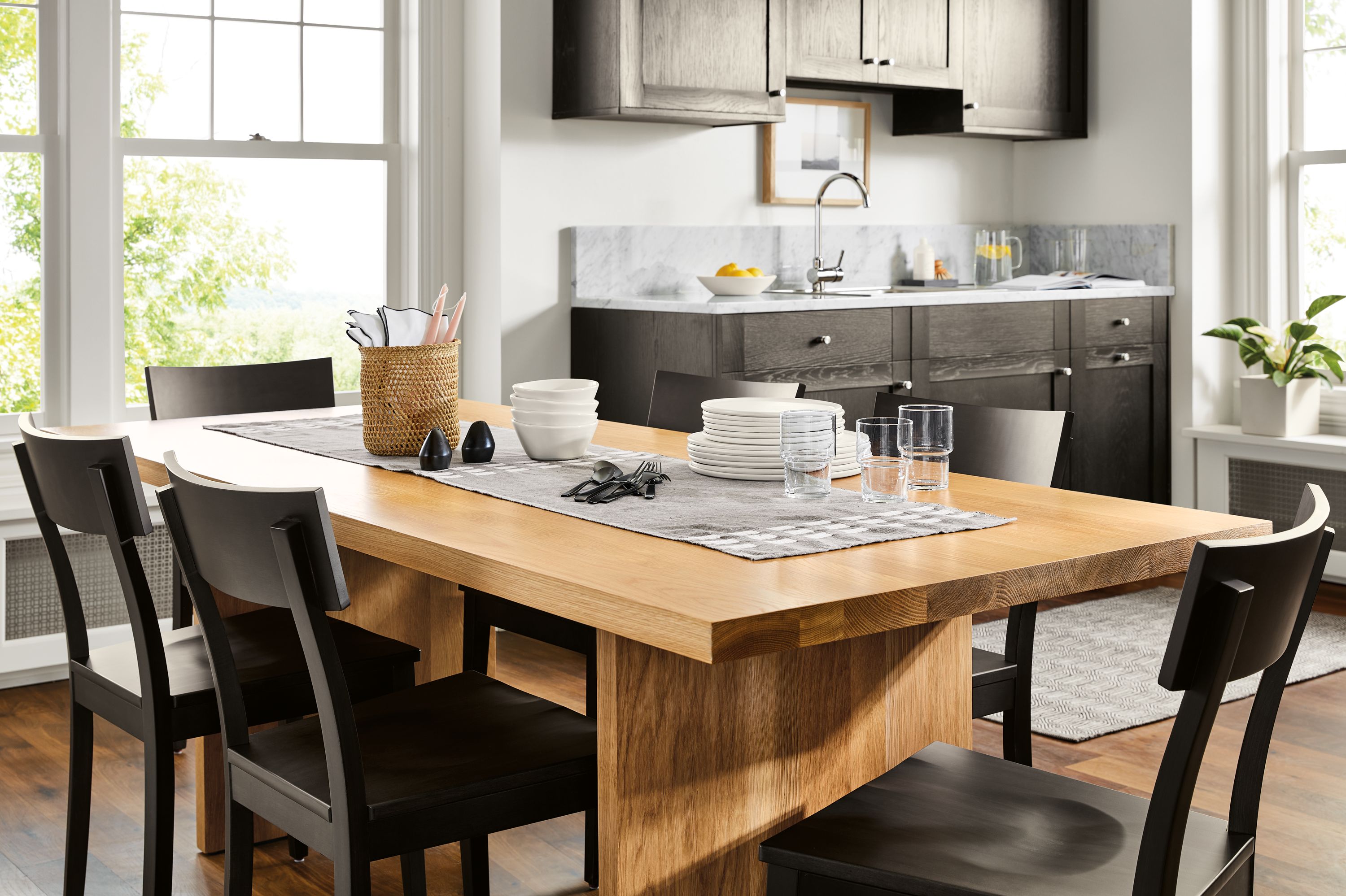 White Oak Table with Charcoal Chairs Dining Room