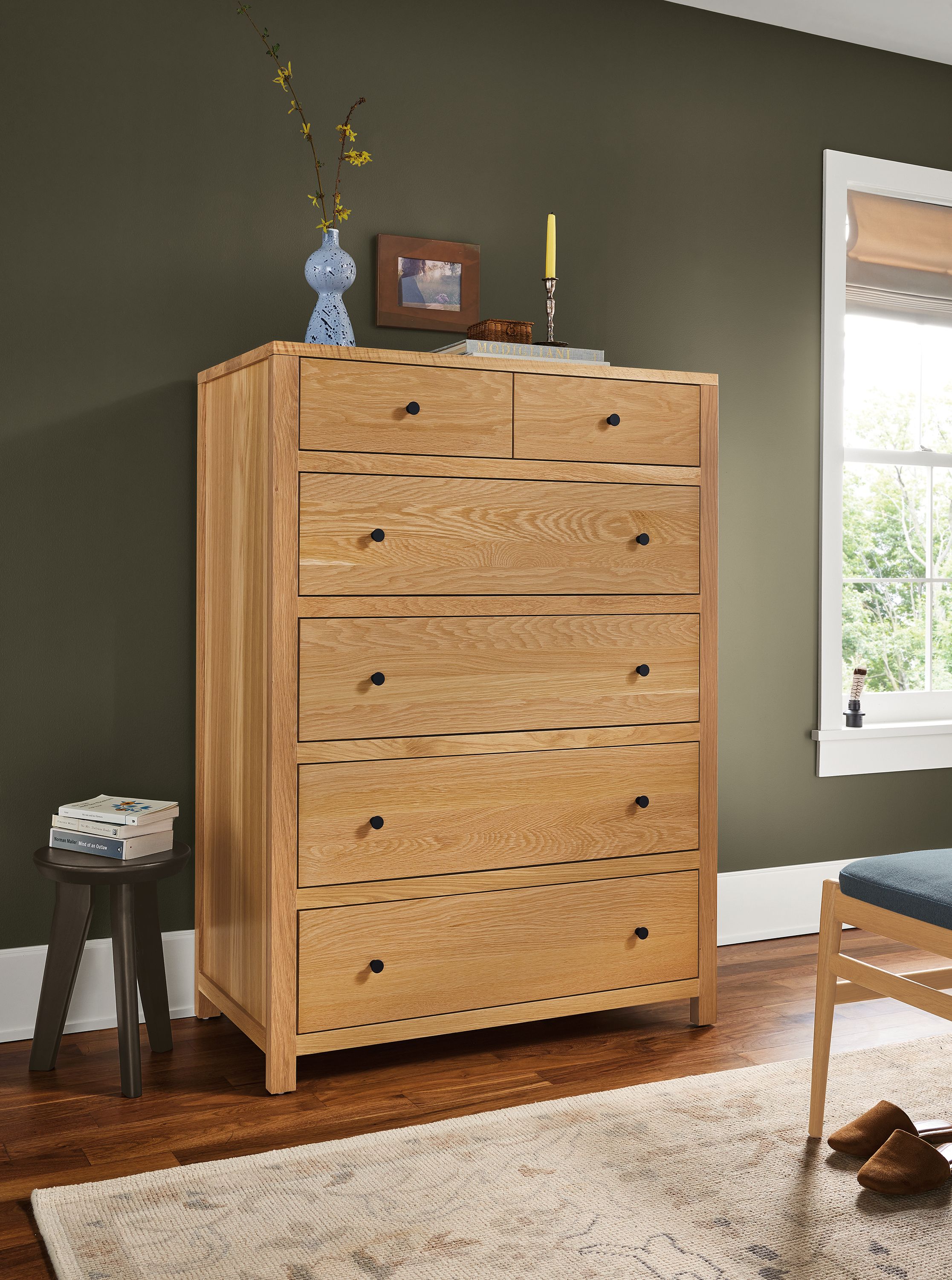 Bedroom with Corwin 40-wide six-drawer dresser in white oak, Hollins wood stool and Ophelia rug in pumice.