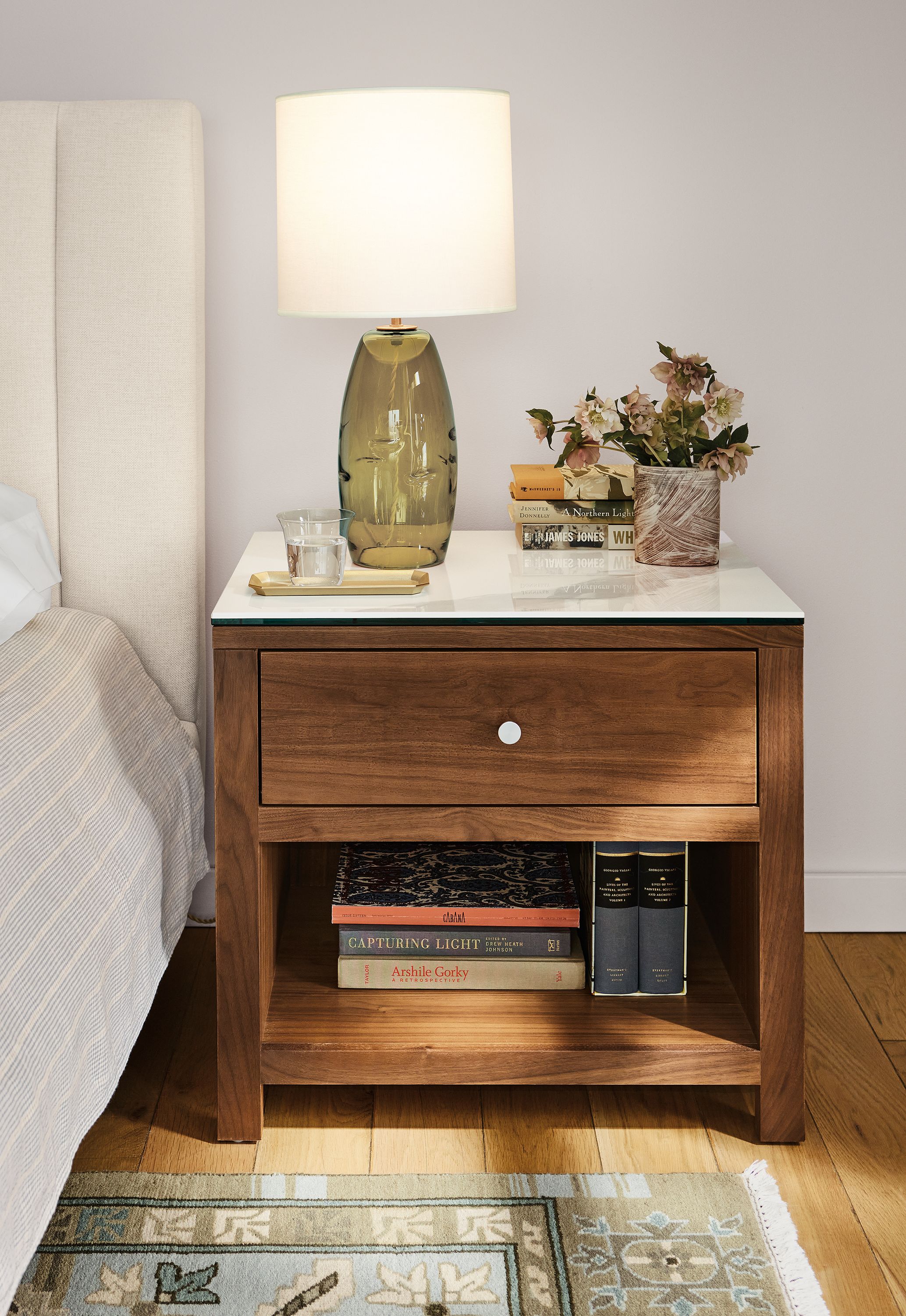26w nightstand in walnut with marbled white ceramic top