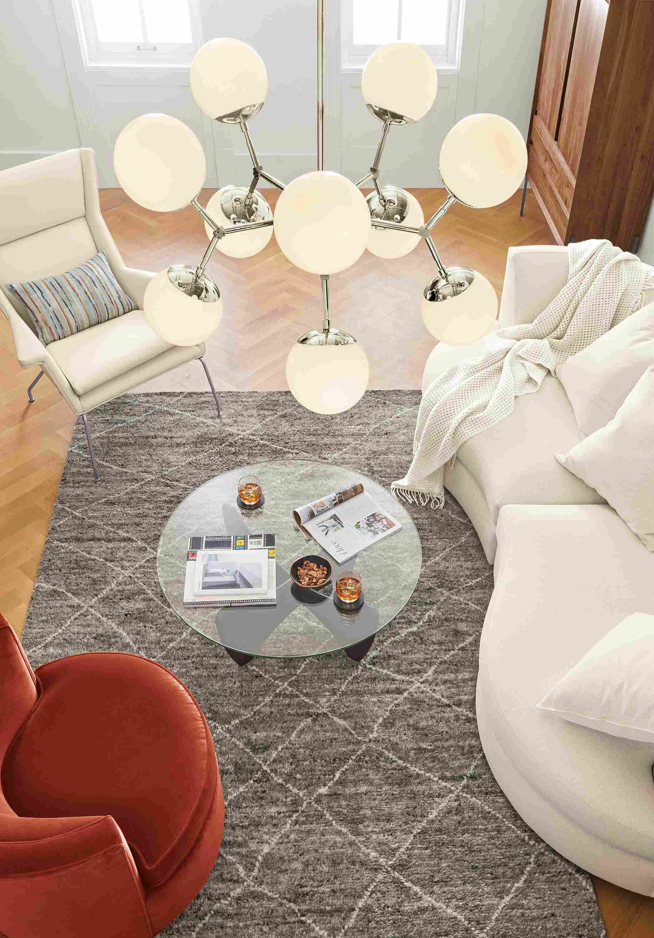 Detail of Cosma chandelier in living room.