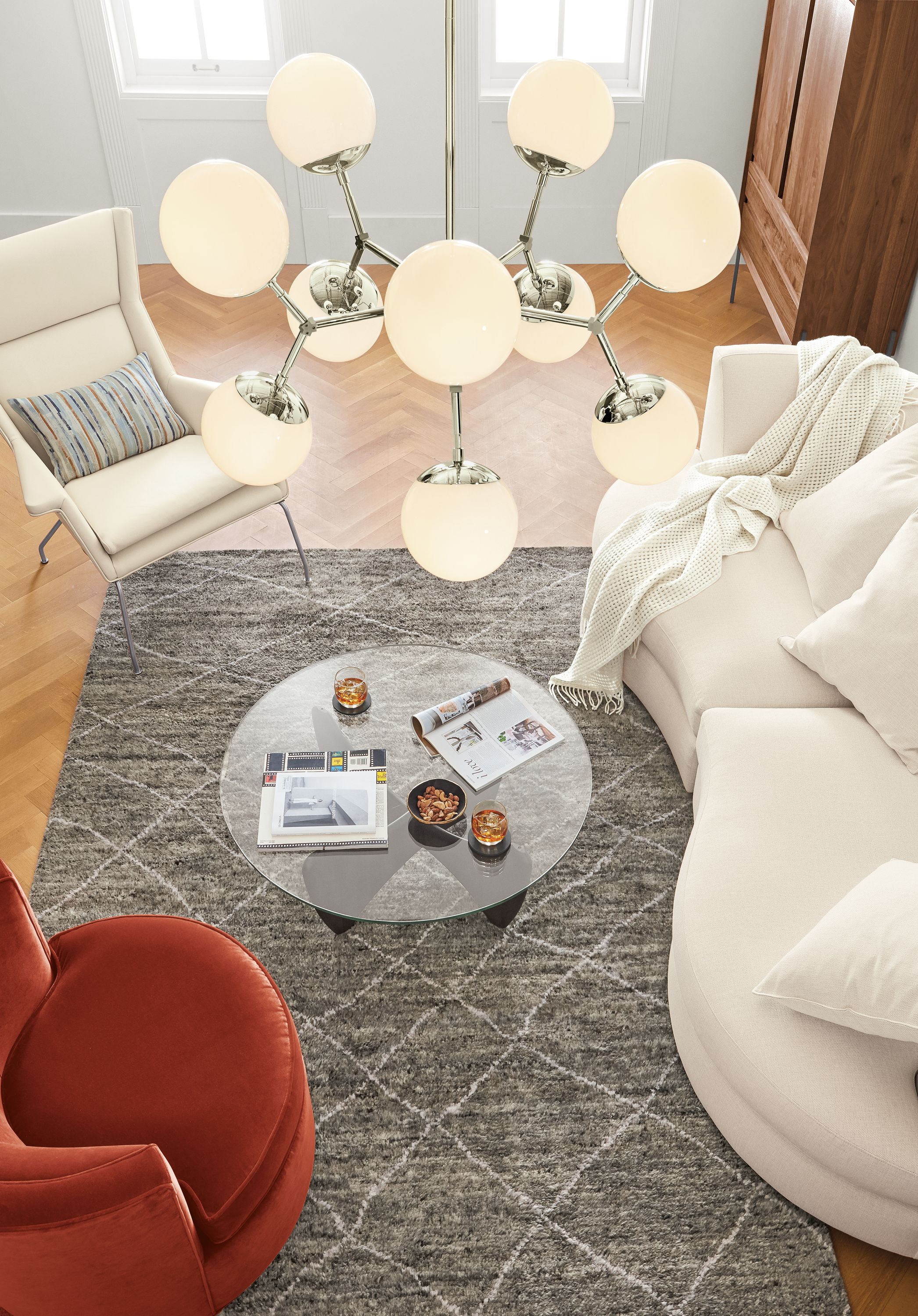 Detail of Cosma chandelier in living room.