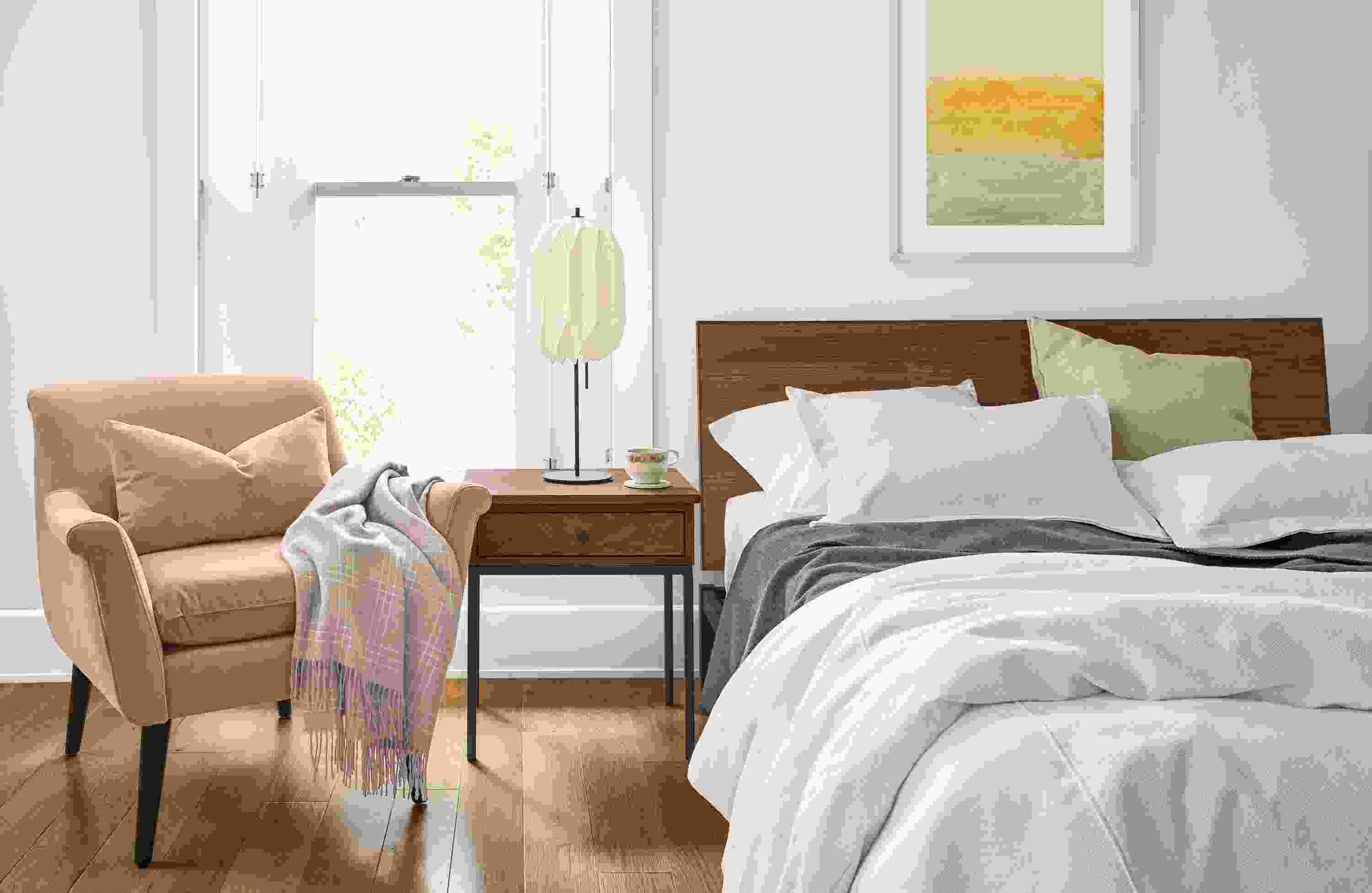 Covington duvet in off-white on queen bed.