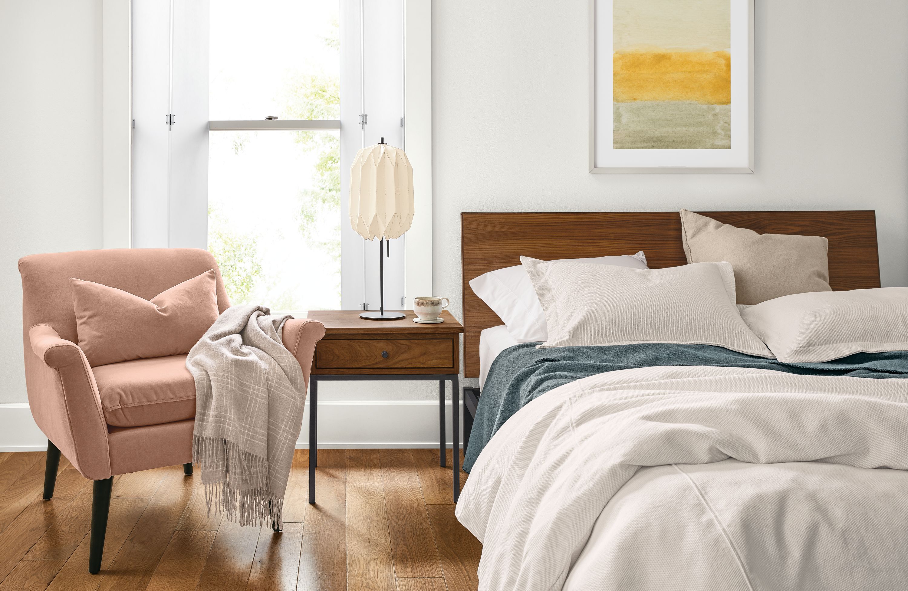 Covington duvet in off-white on queen bed.