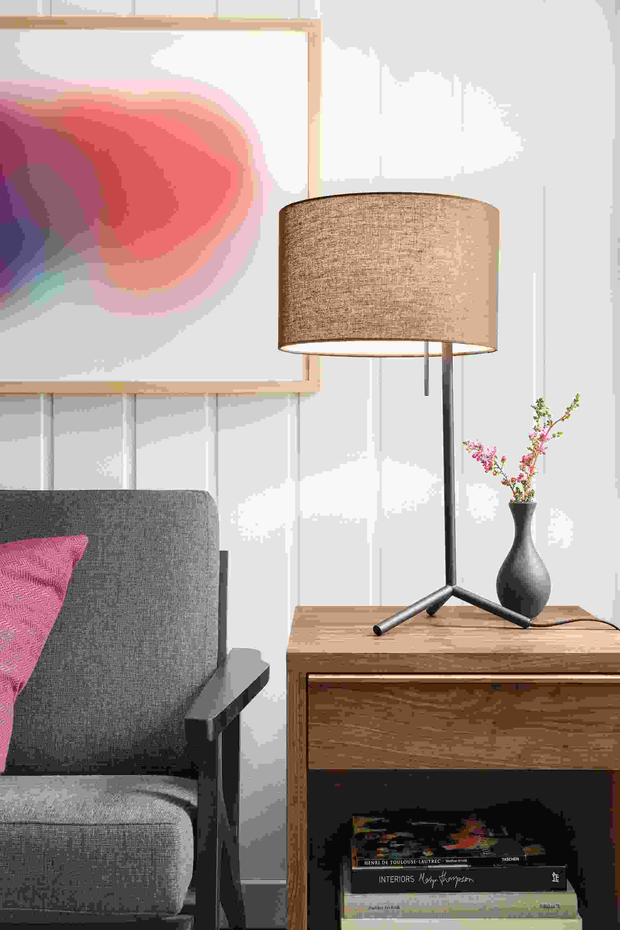 Detail of Crane table lamp on nightstand.
