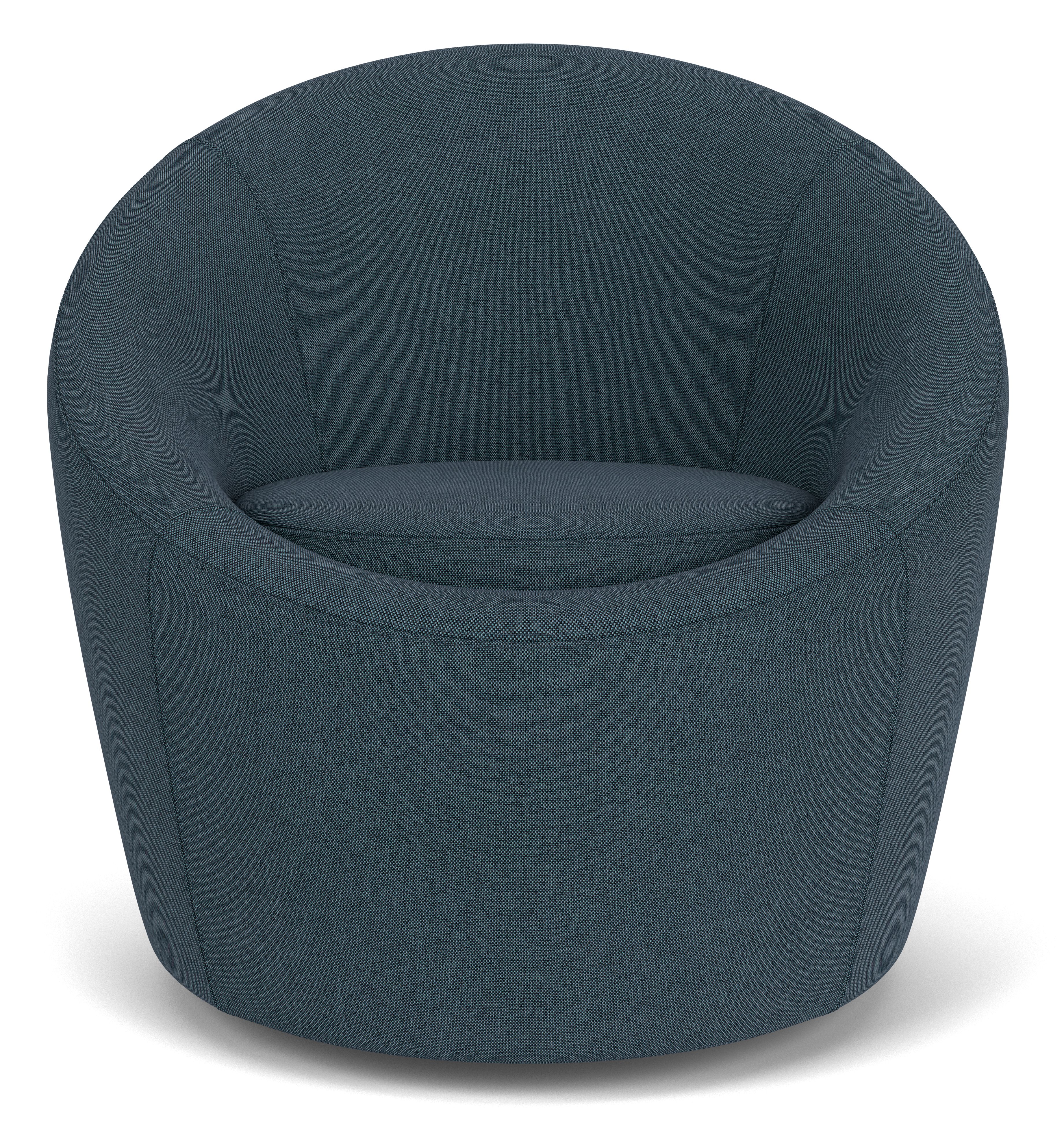 Front view of Crest Swivel Chair in Pelham ink fabric.