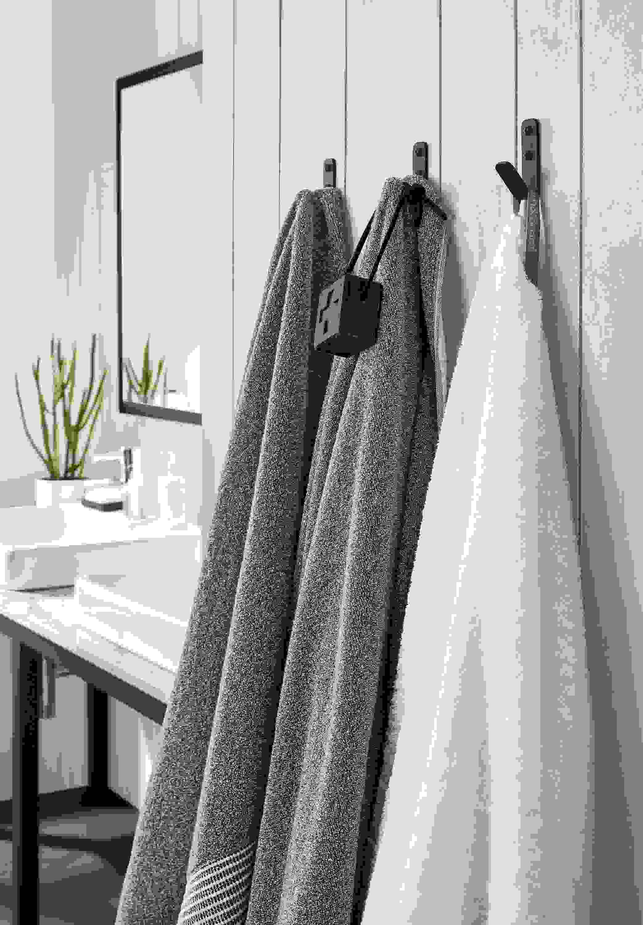 Detail of Crew mini single wall hooks in graphite.