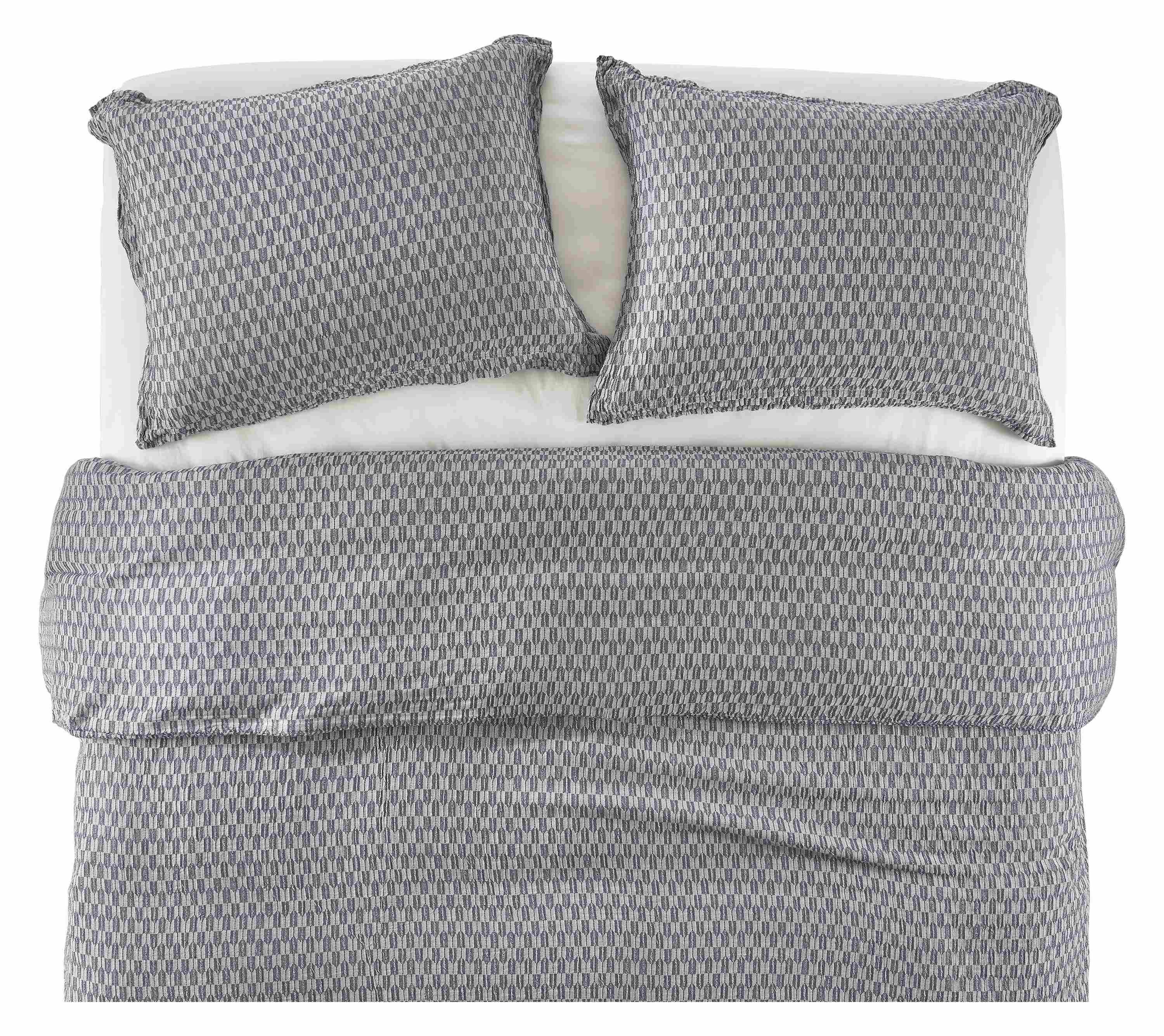 Overhead view of core queen bed with crofton full/queen duvet set in ink and percale sheets in white.