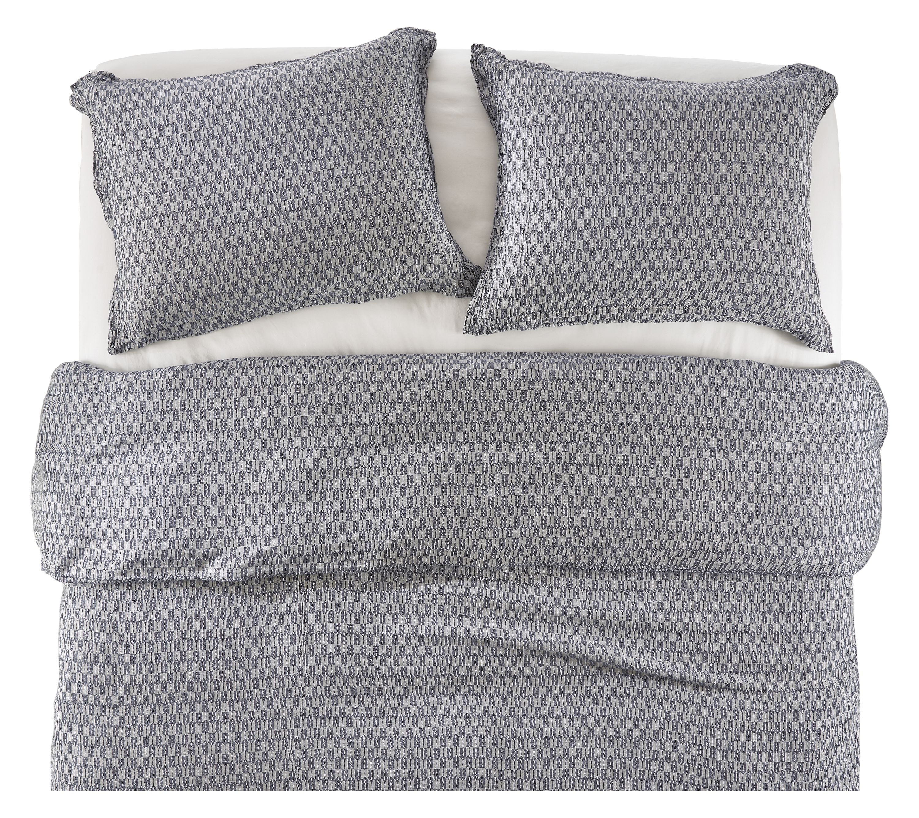 Overhead view of core queen bed with crofton full/queen duvet set in ink and percale sheets in white.