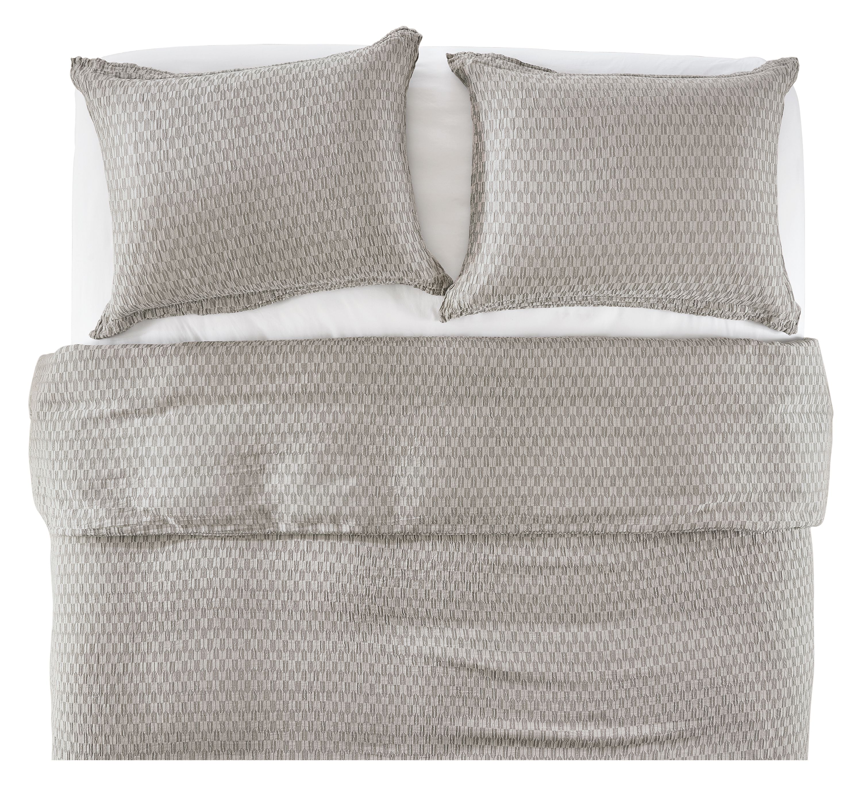 Overhead view of core queen bed with crofton duvet set in grey and signature percale sheets in white.