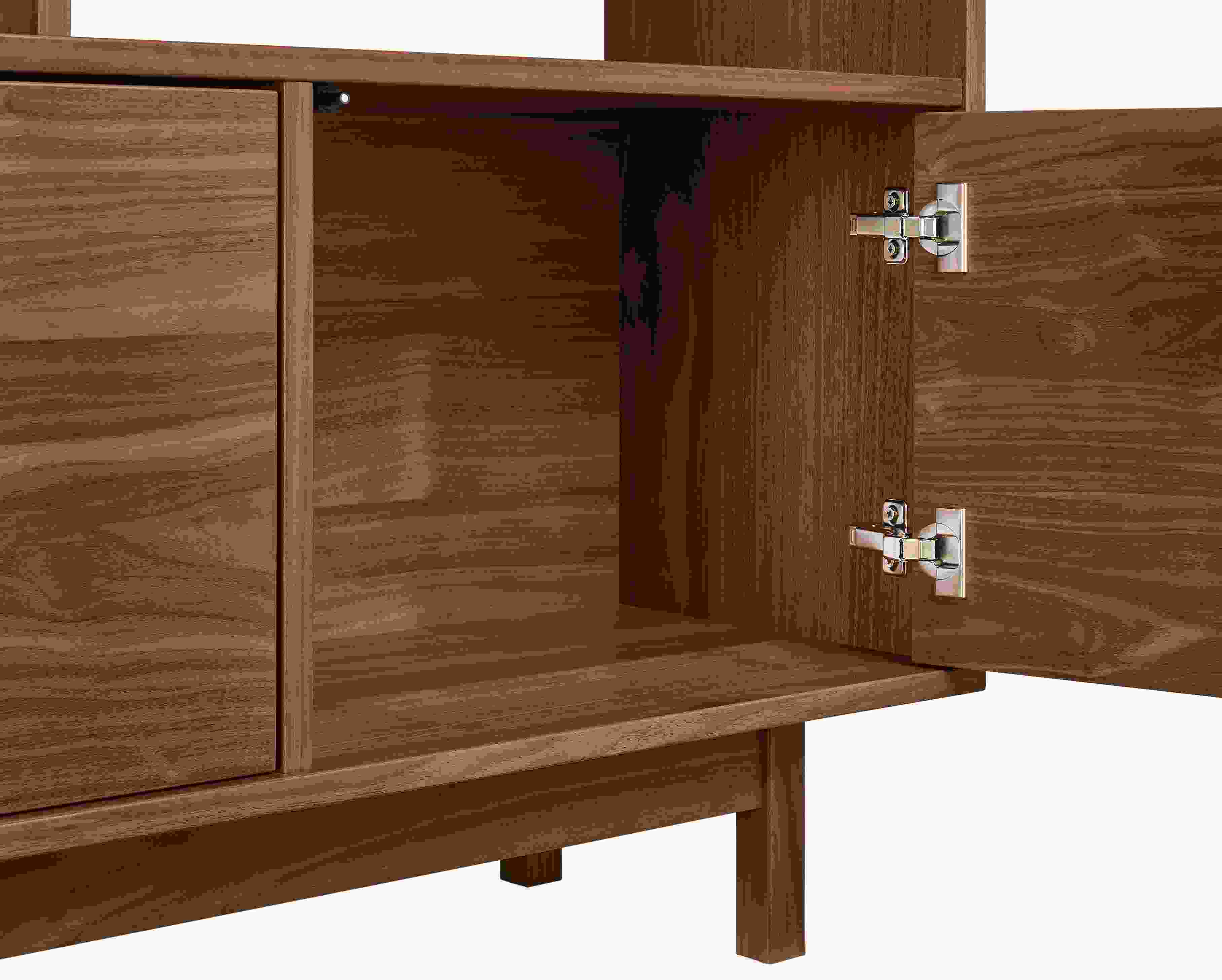 Detail of door hardware and interior of Dahl 2-door bookcase in walnut.
