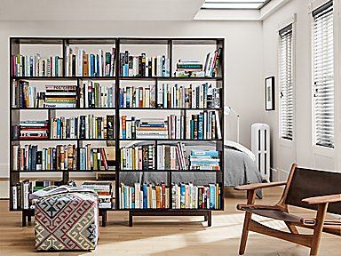 Dahl bookcases separating bedroom and living room.