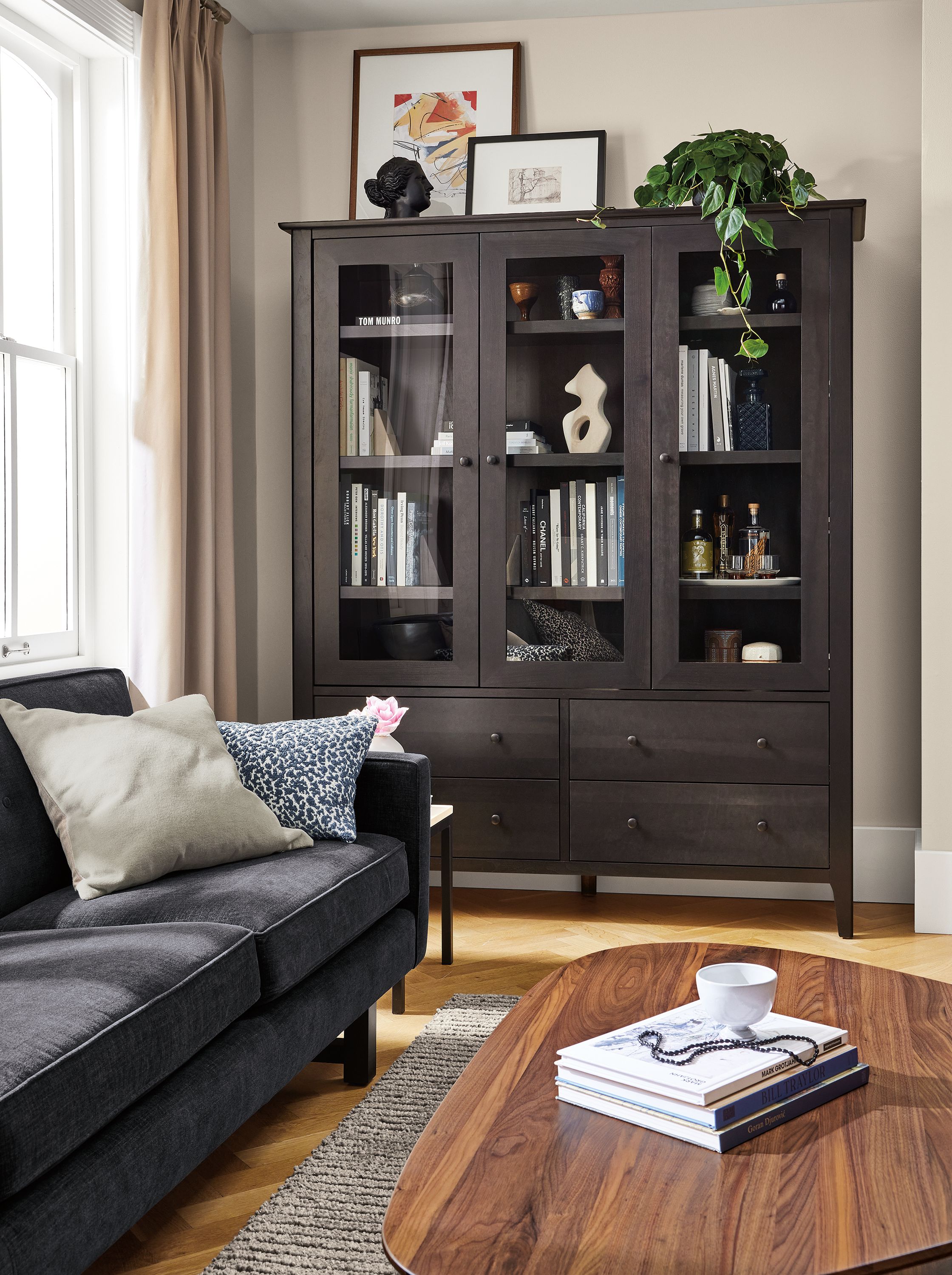 Living room with Danbury storage cabinet with glass door in Charcoal and Andre sofa in Mori Navy.