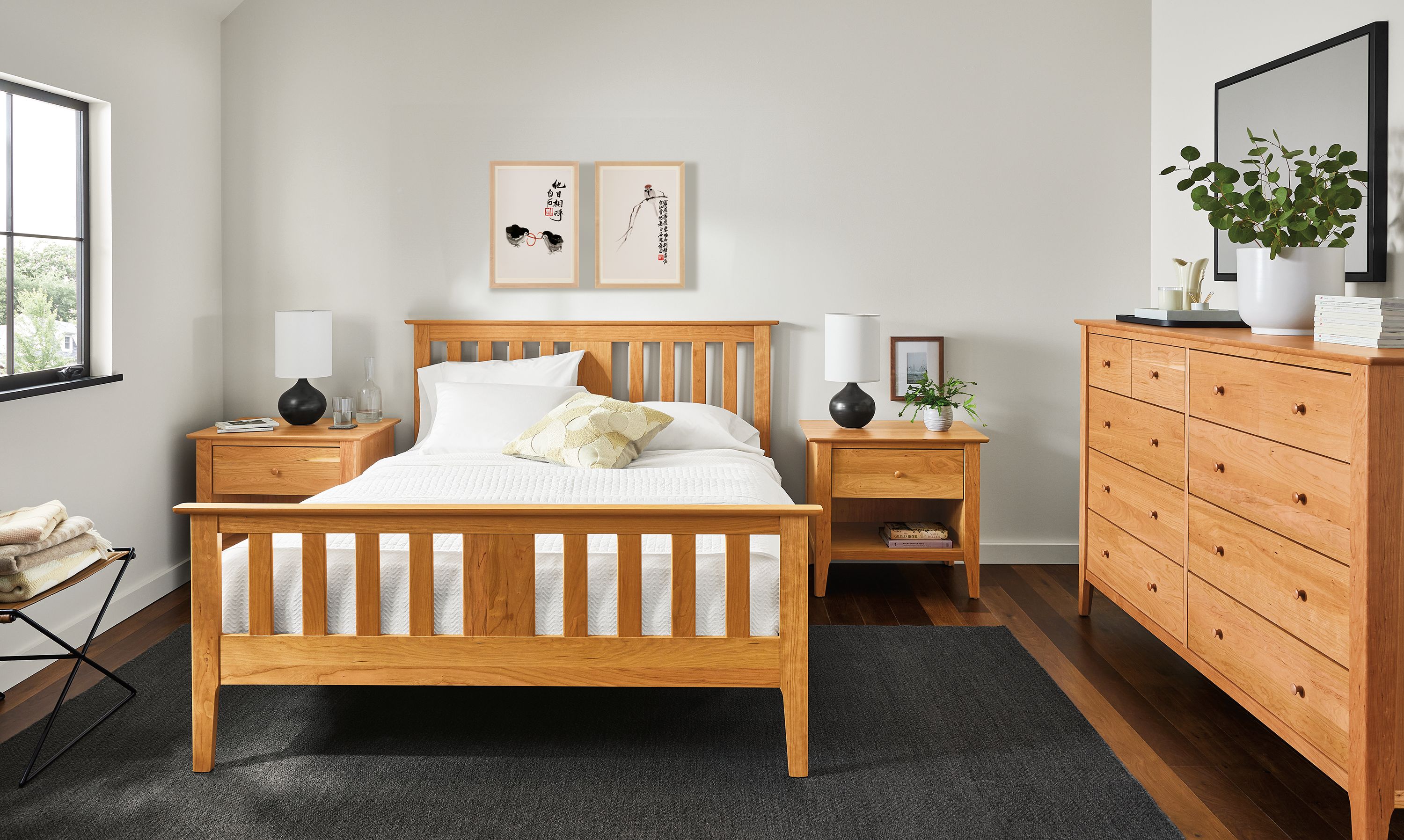 Bedroom with Danbury Queen high-footboard bed, ten-drawer dresser and one-drawer nightstand  in cherry.