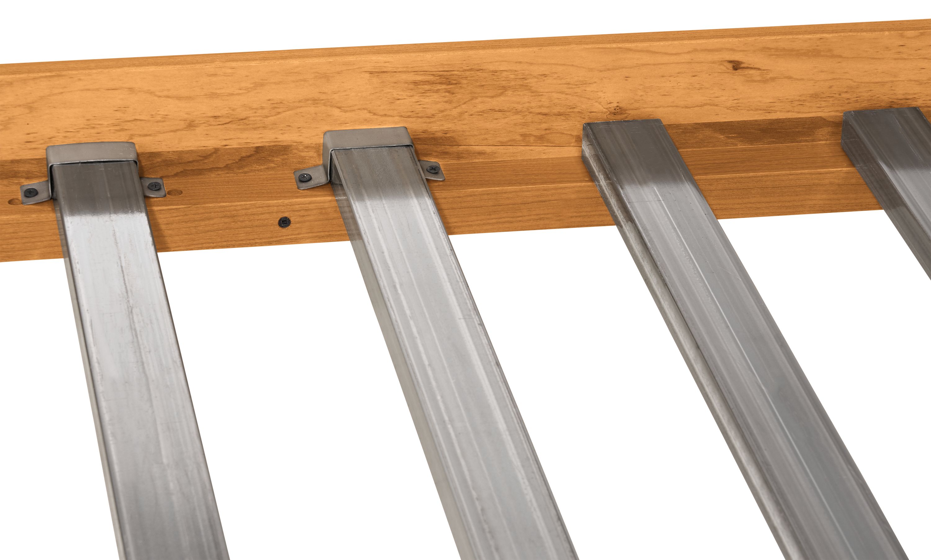 Detail of danbury queen size low footboard bed showing metal support slats.