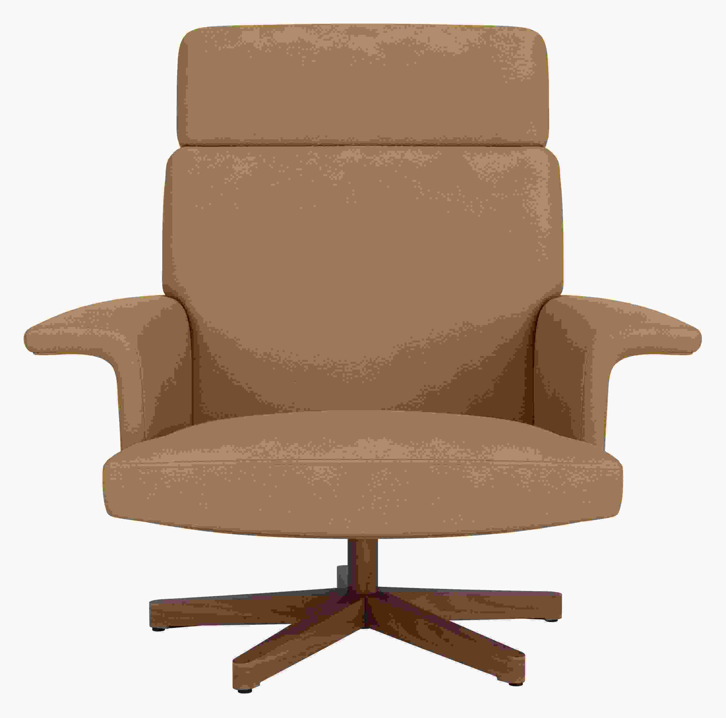 Front view of Daniels swivel chair in laino camel leather with walnut base.