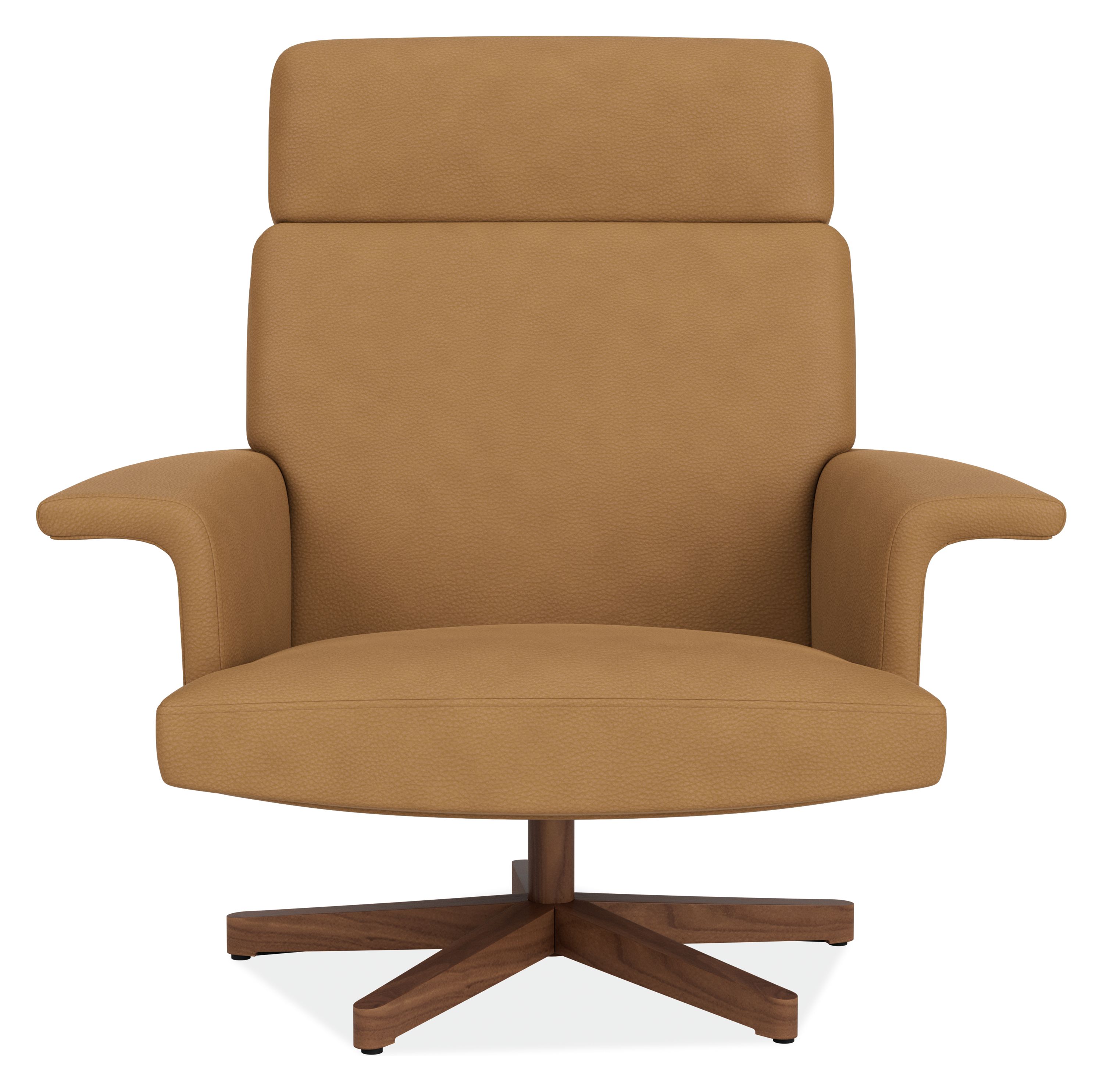 Front view of Daniels swivel chair in laino camel leather with walnut base.