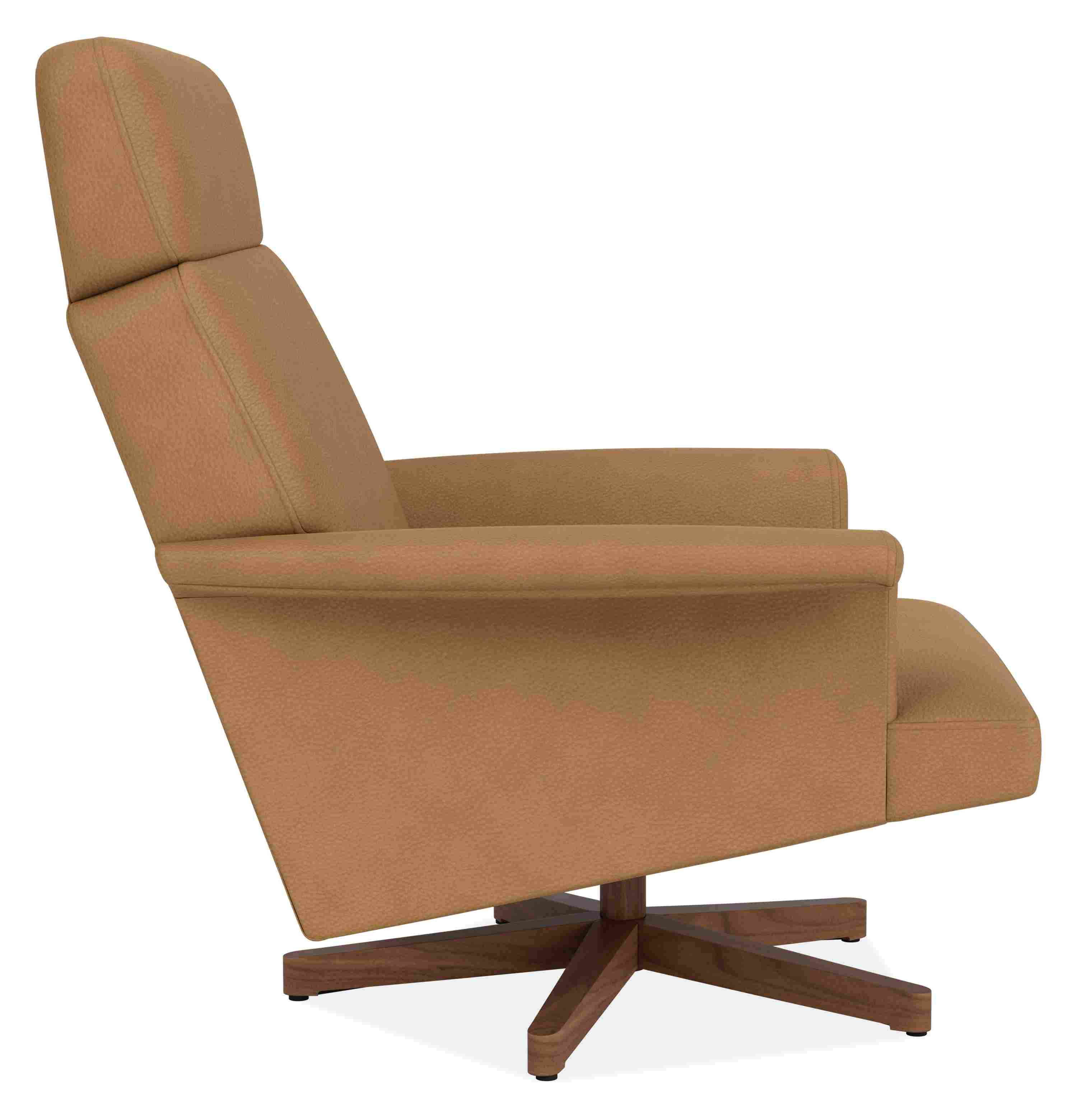 Profile  view of Daniels swivel chair in laino camel leather with walnut base.