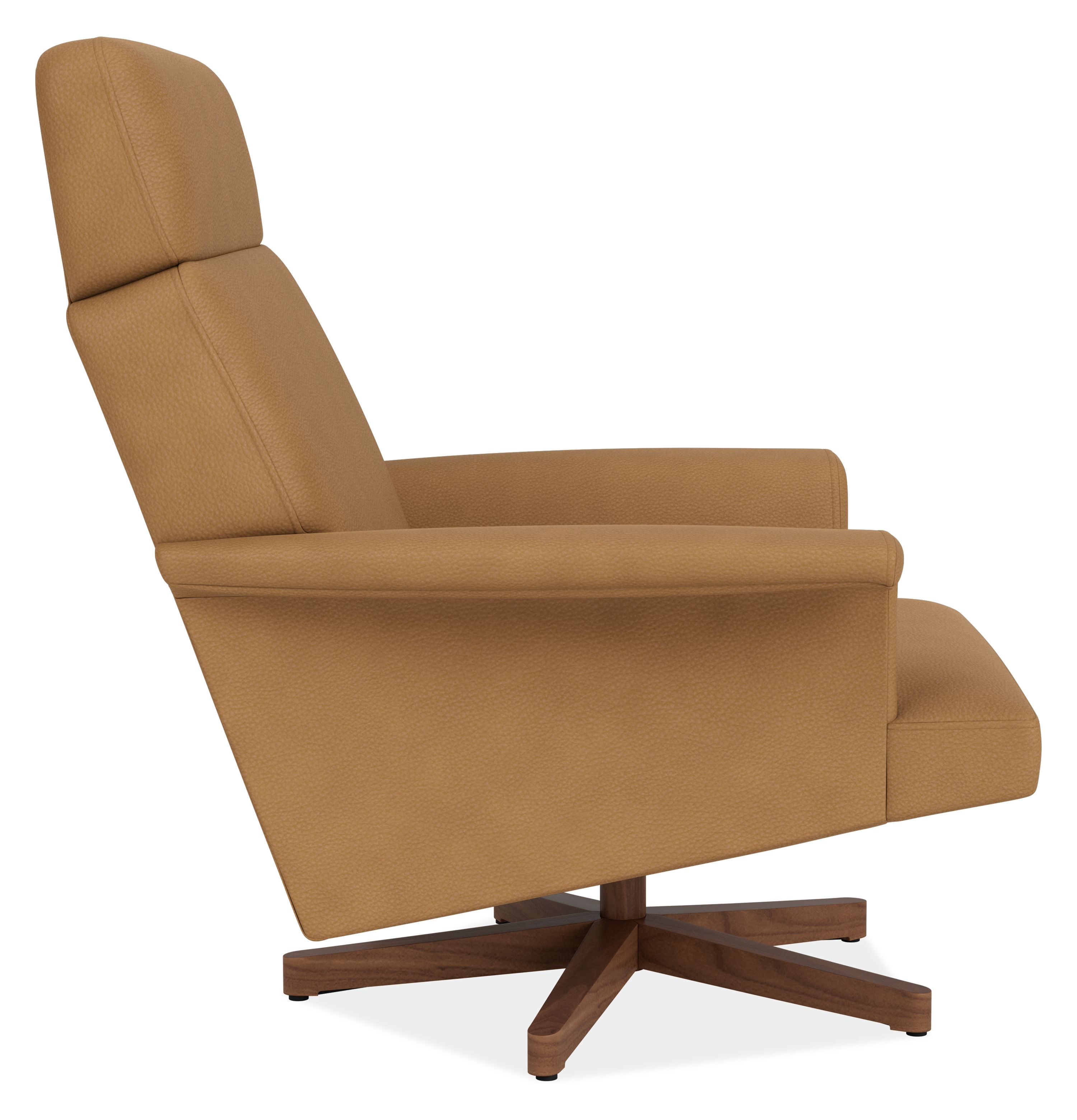 Profile  view of Daniels swivel chair in laino camel leather with walnut base.