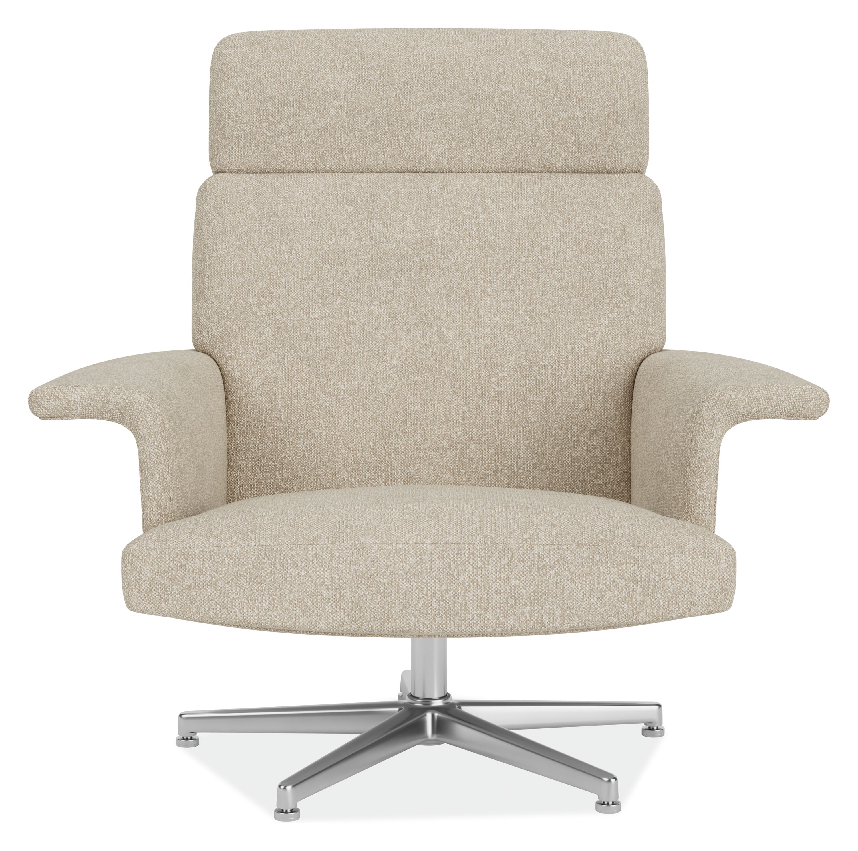 Front view of Daniels Swivel Chair in Conley natural Fabric with Aluminum Base.