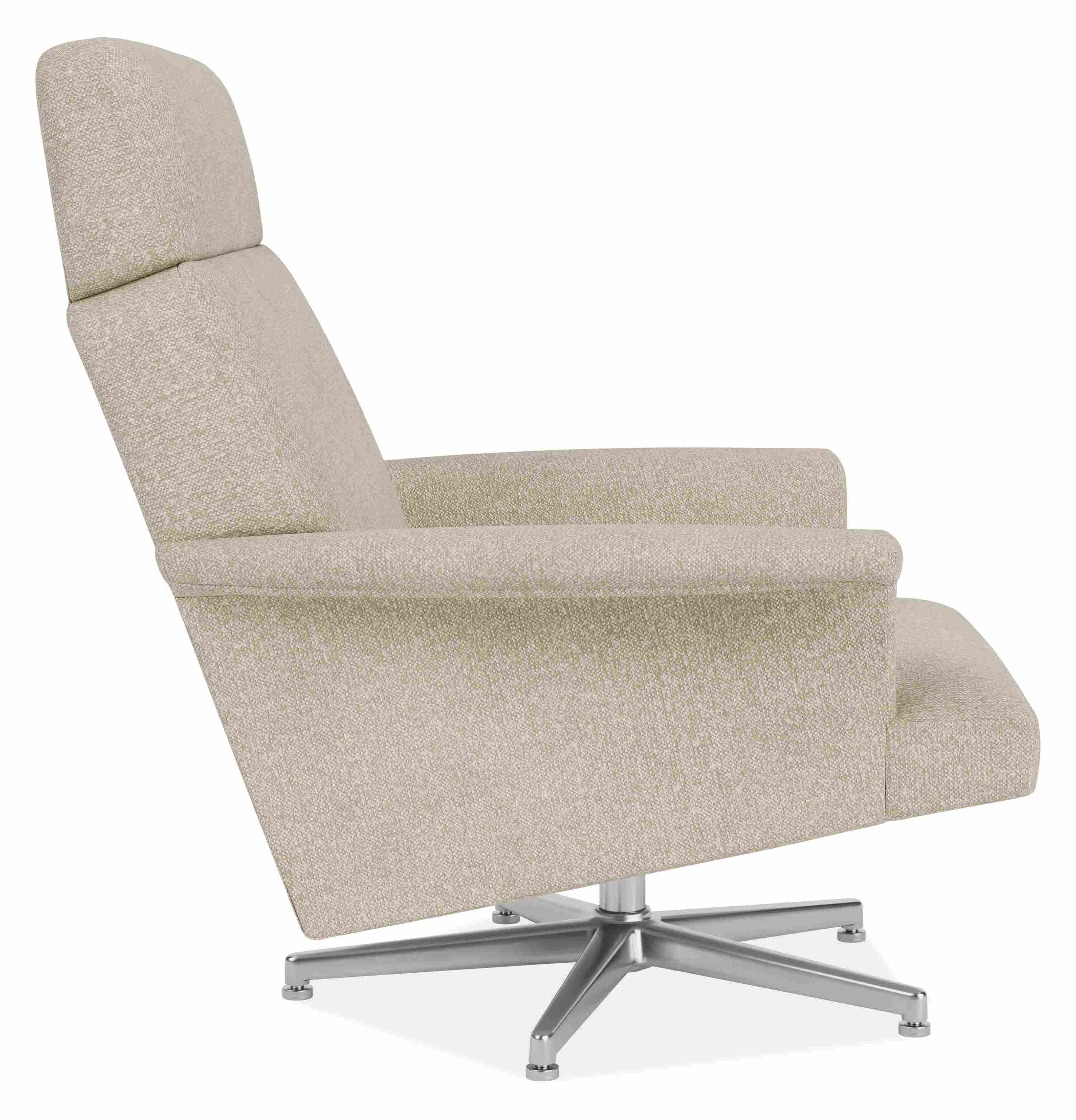 Profile view of Daniels Swivel Chair in Conley natural Fabric with Aluminum Base.