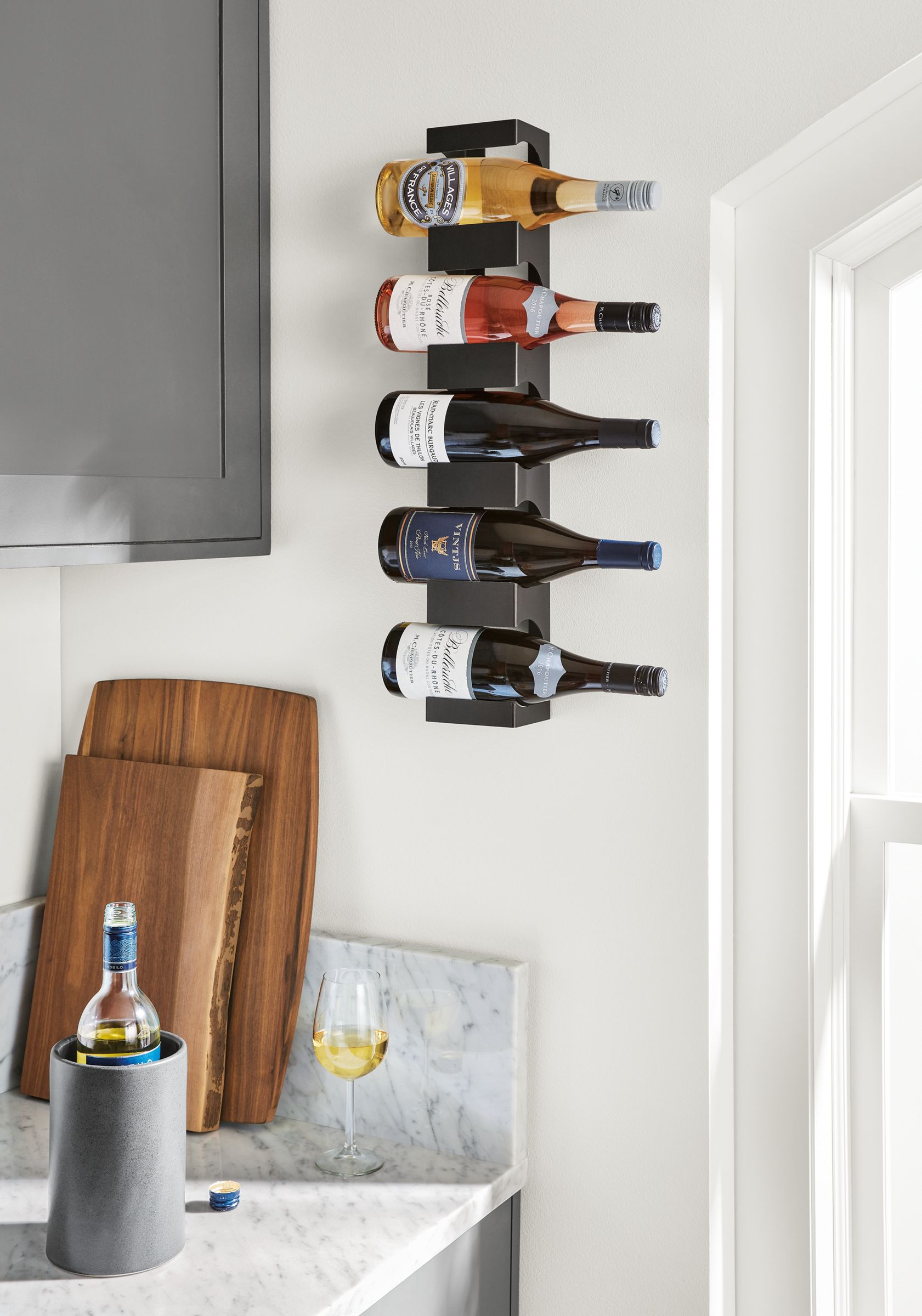 Detail of Dorsey wine rack on wall.