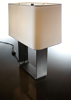 Detail of Duo Table Lamp in Gunmetal with White Shade.