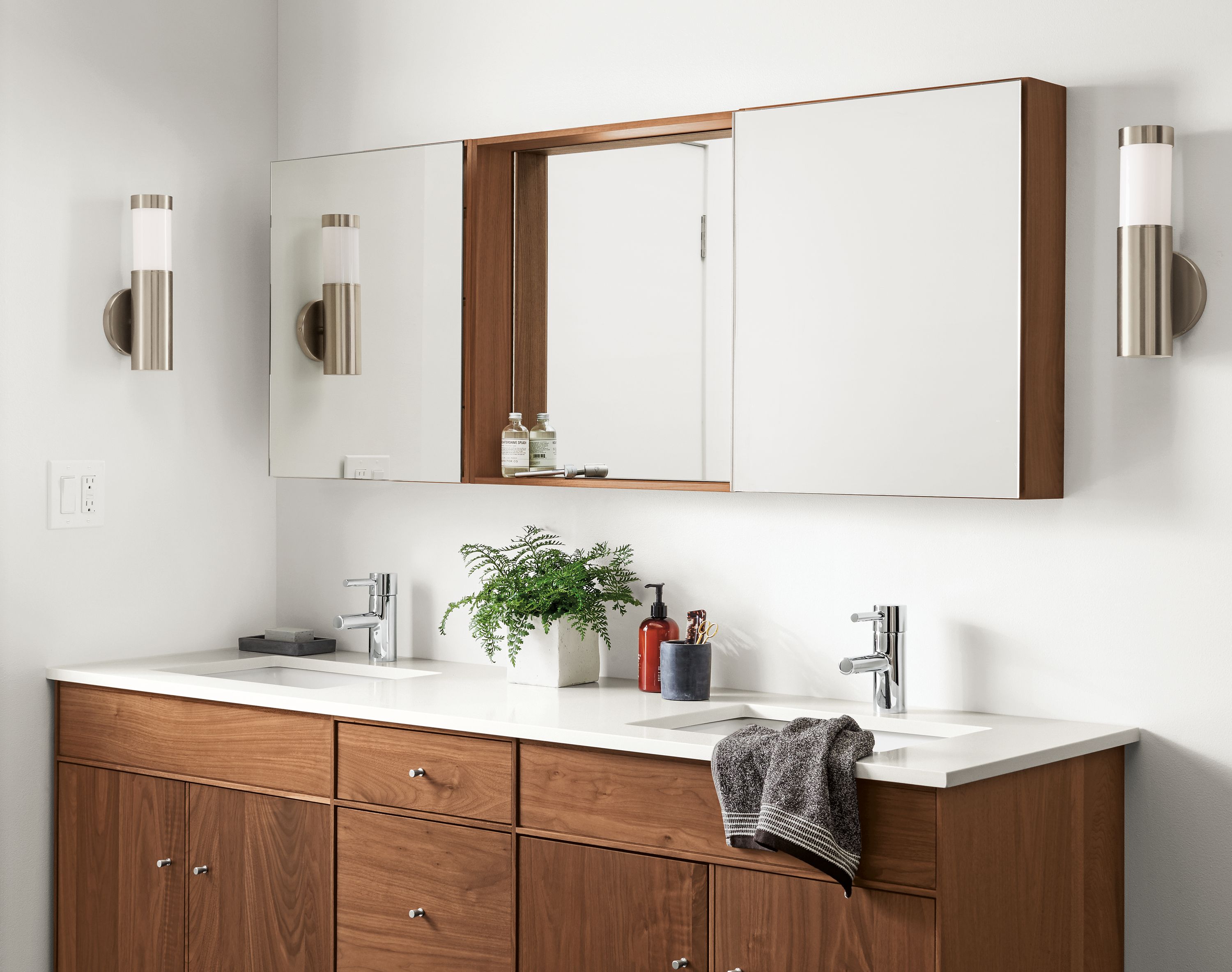 Durant medicine cabinets above Linear vanity.