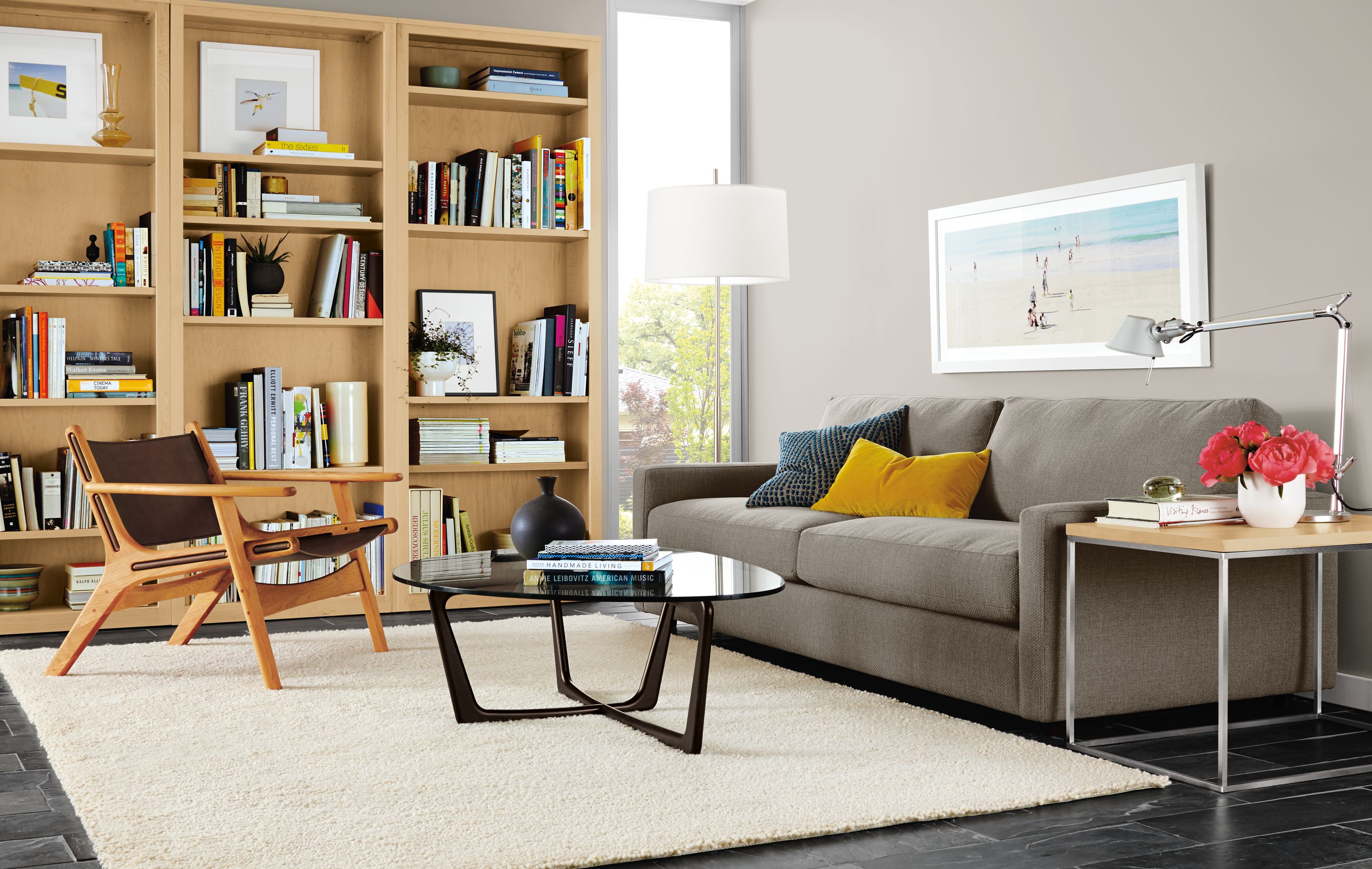 Detail of Linger sofa in grey fabric.