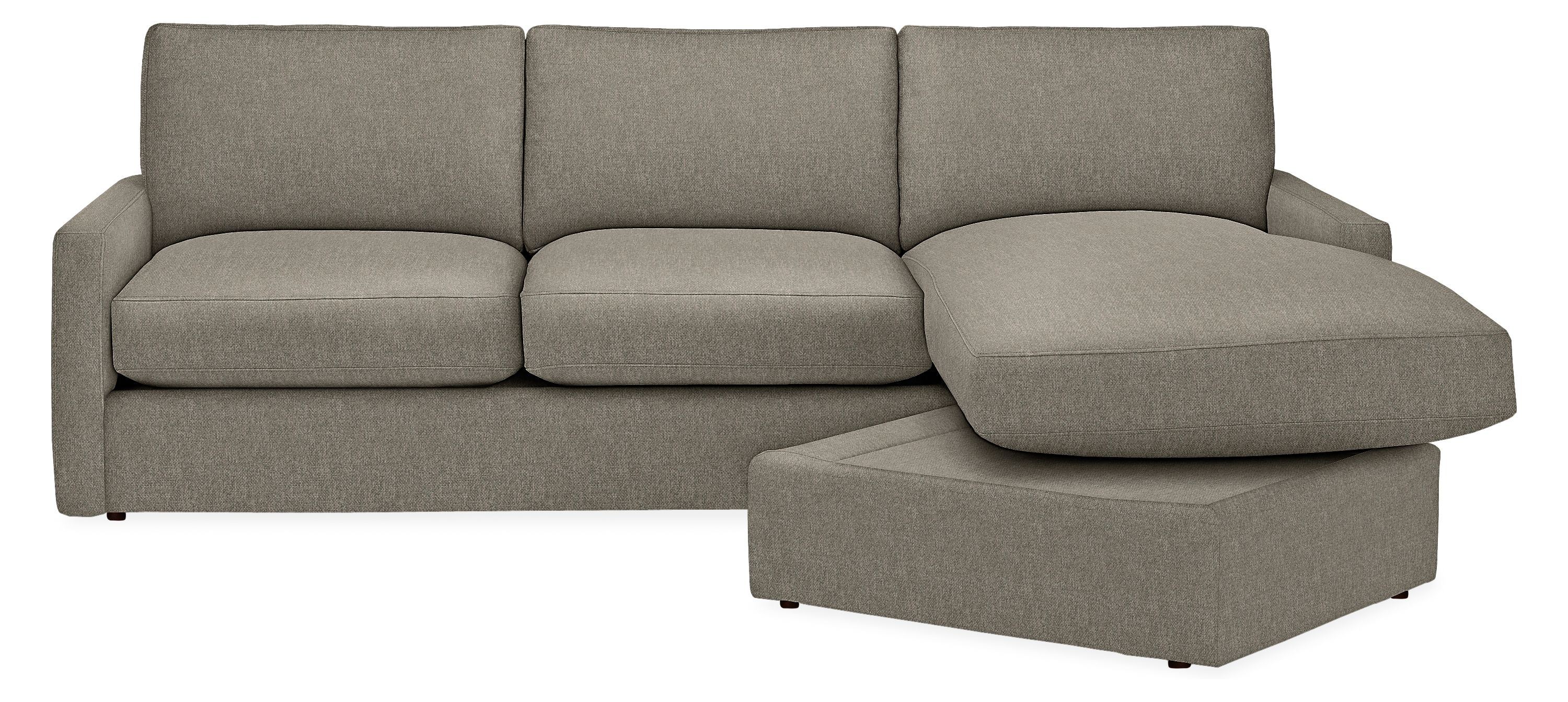 Detail of Linger 91-wide Sofa with Reversible Chaise in Tepic Grey Fabric.