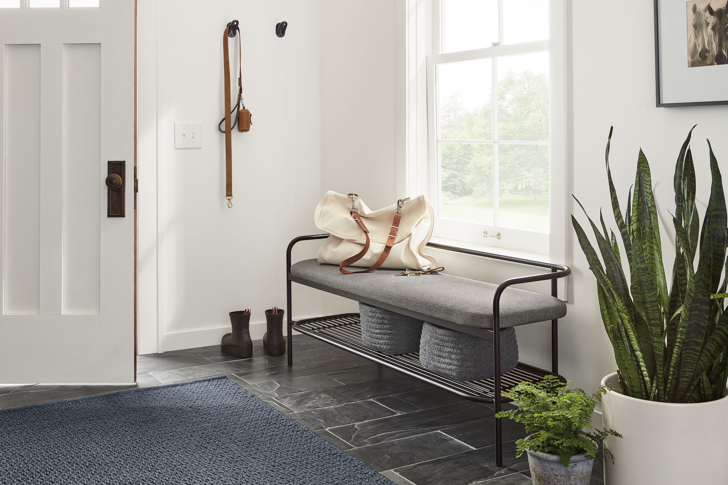 Entryway with Ebers bench in sumner graphite.