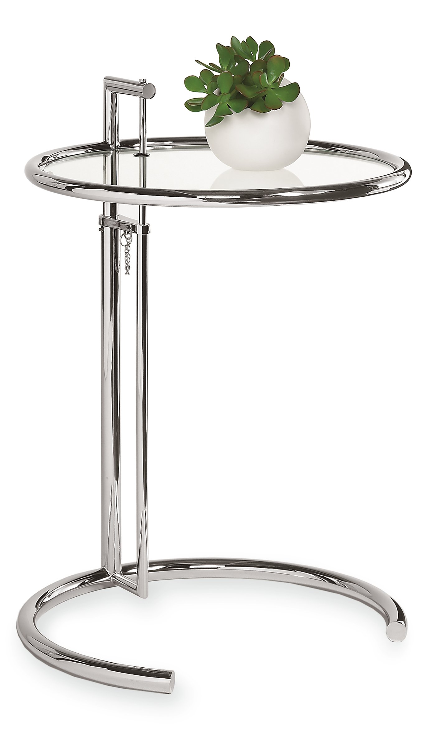 Eileen Gray 20 diam Round End Table in chrome and glass with plant.