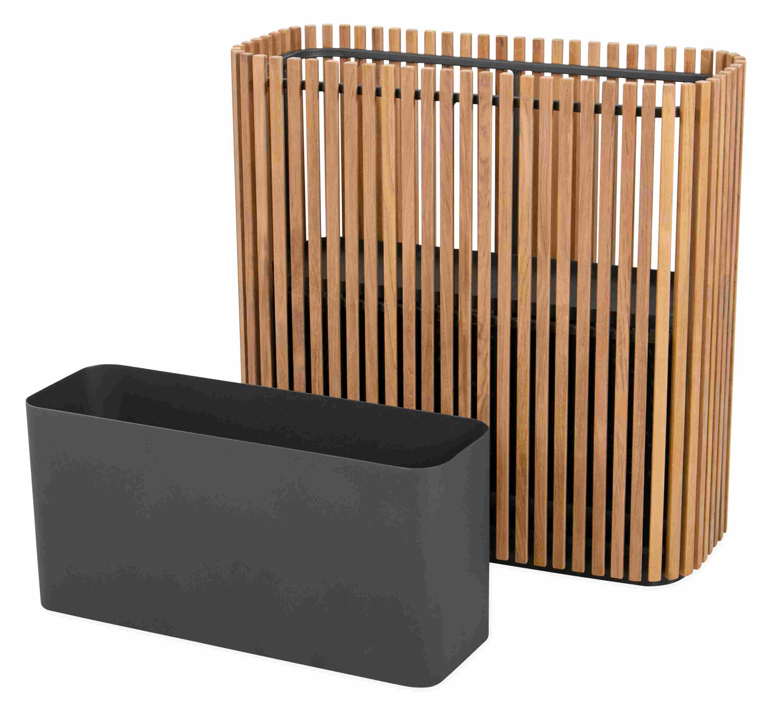 Angled view of Elba 32 by 14 by 33-hign Planter in Teak with planter insert.