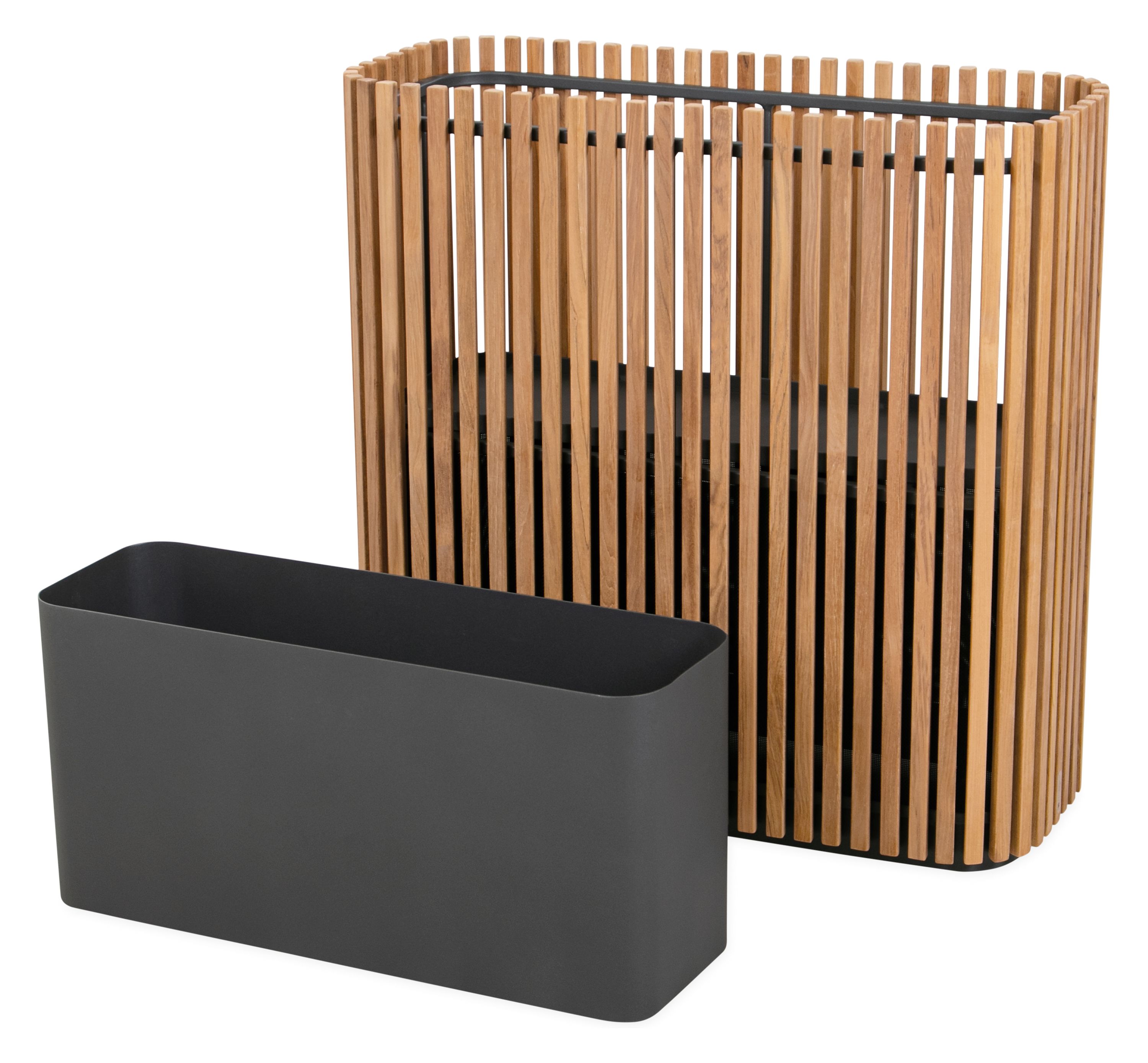 Angled view of Elba 32 by 14 by 33-hign Planter in Teak with planter insert.