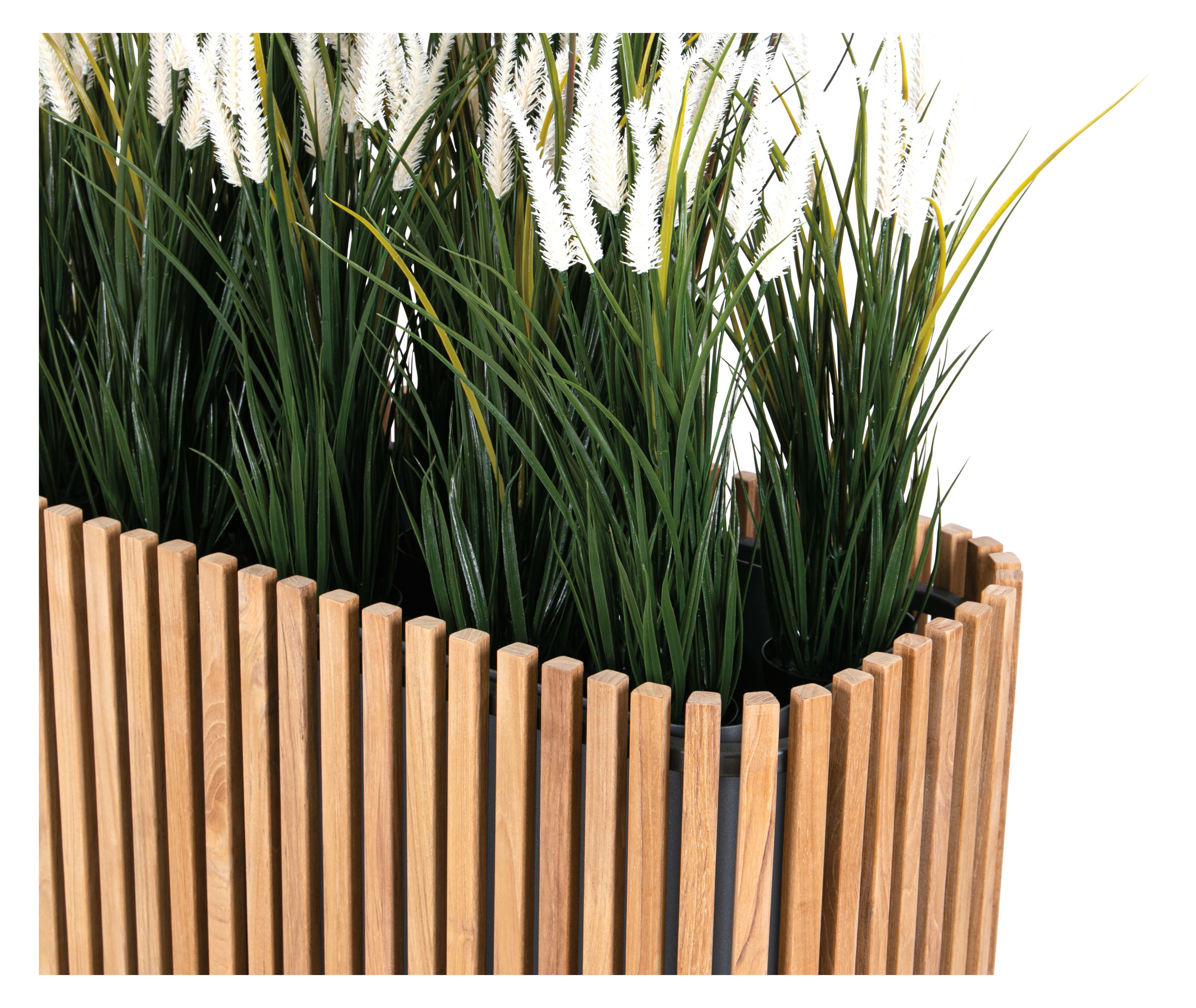 Detail of Elba 32 by 14 by 33-hign Planter in Teak with plants.