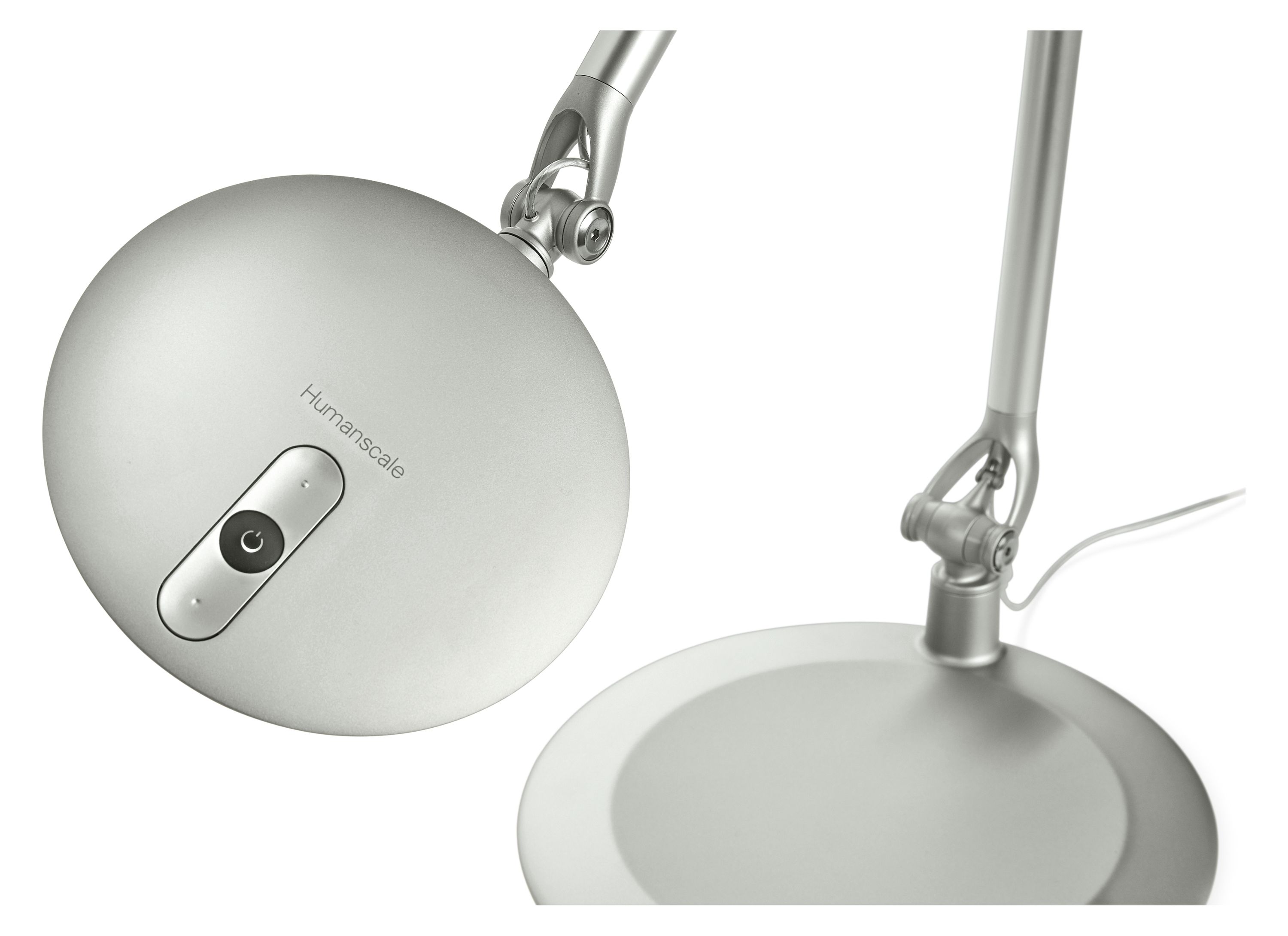 Detail of Element Disc LED 18-high Table Lamp in silver.