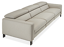 detail of gray Elio sofa with no footrests or headrests extended.