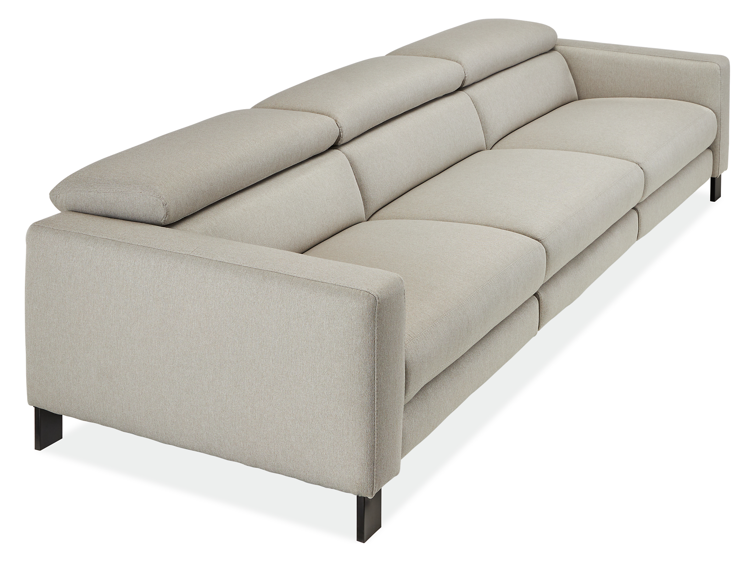 detail of gray Elio sofa with no footrests or headrests extended.