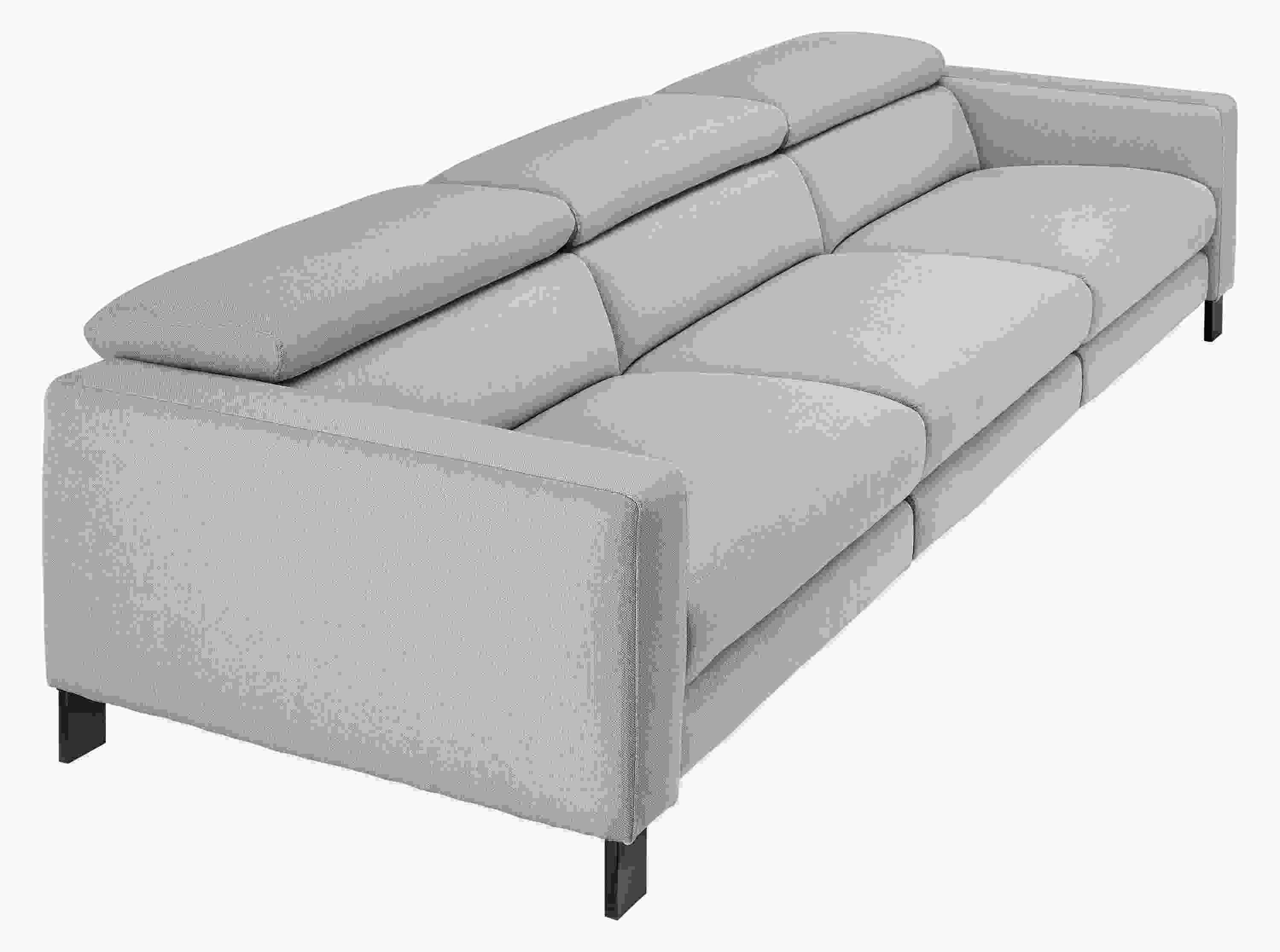 detail of gray Elio sofa with no footrests or headrests extended.