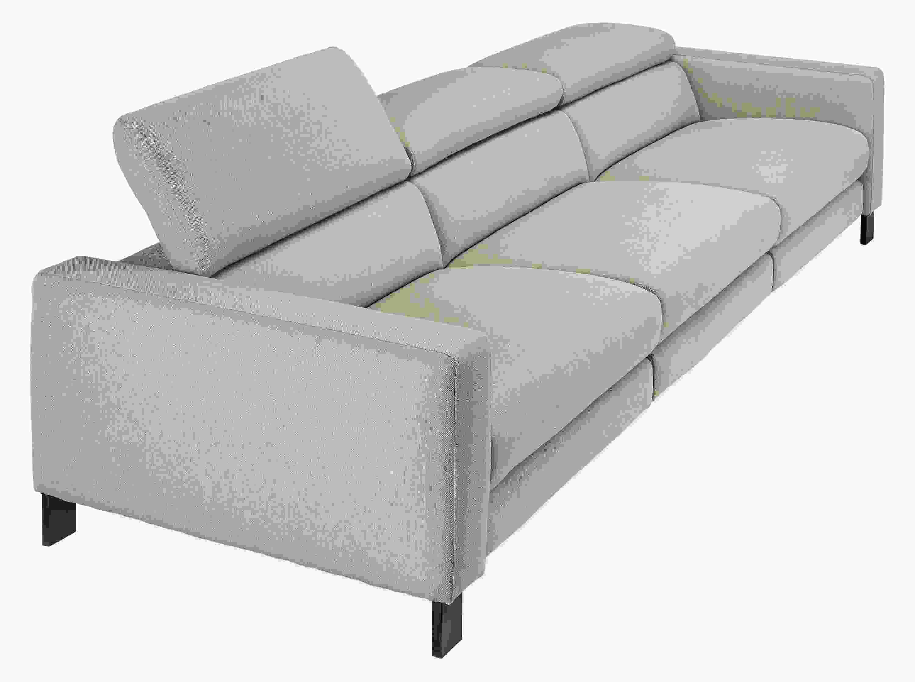 detail of gray Elio sofa with 1 headrest extended nearly fully.