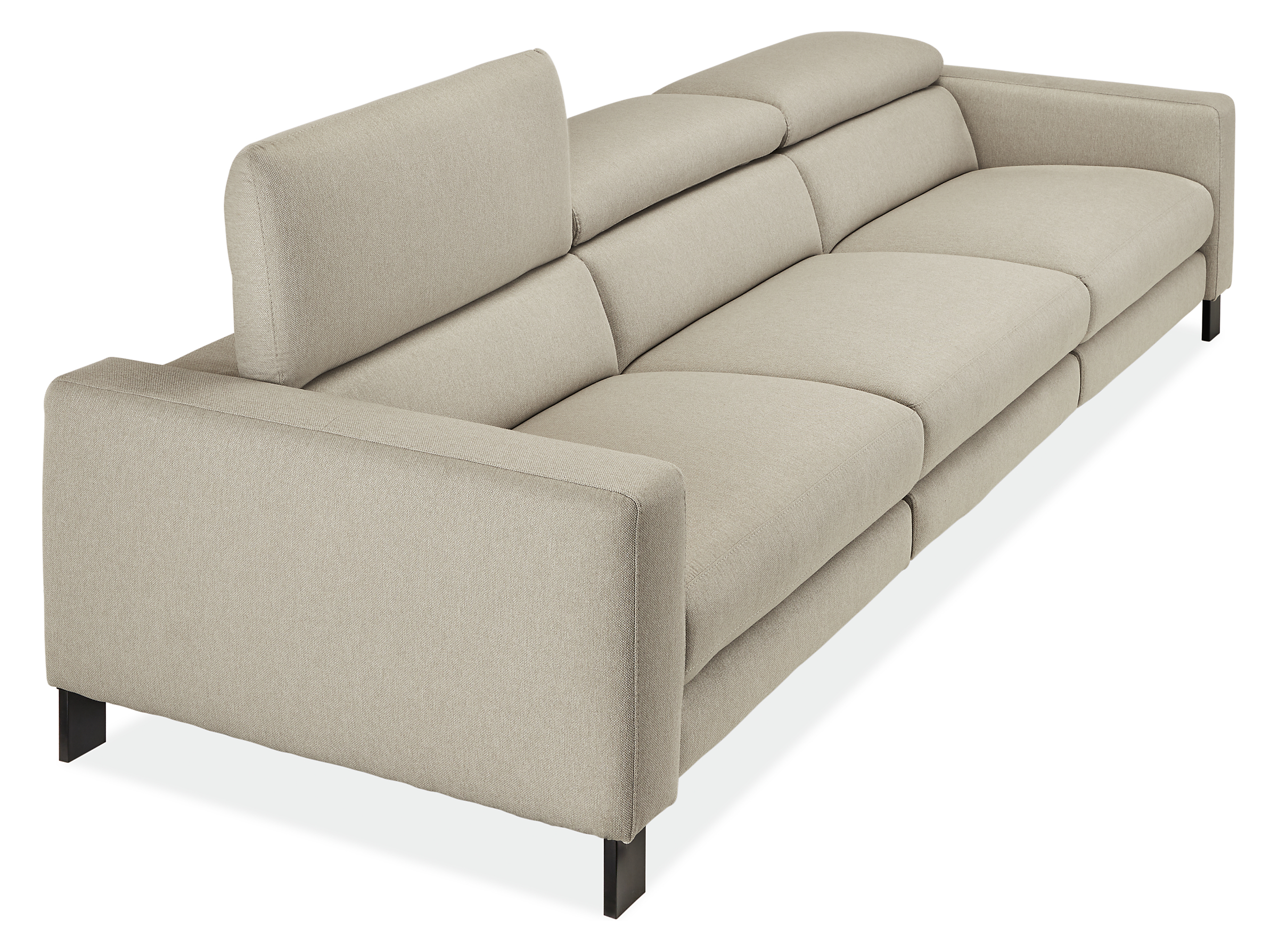 detail of gray Elio sofa with 1 headrest fully extended.