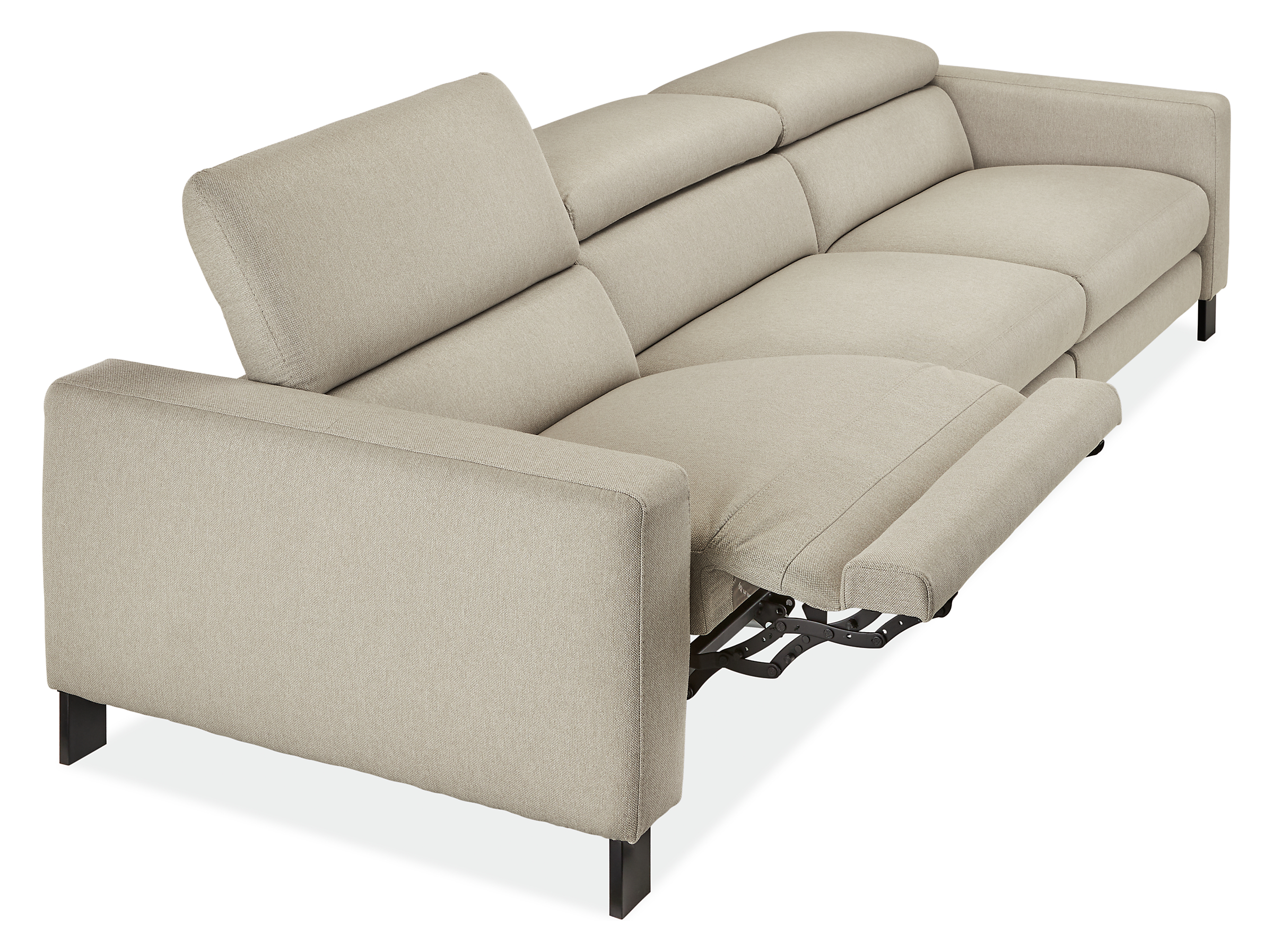 detail of gray Elio sofa with 1 headrest and 1 footrest extended.