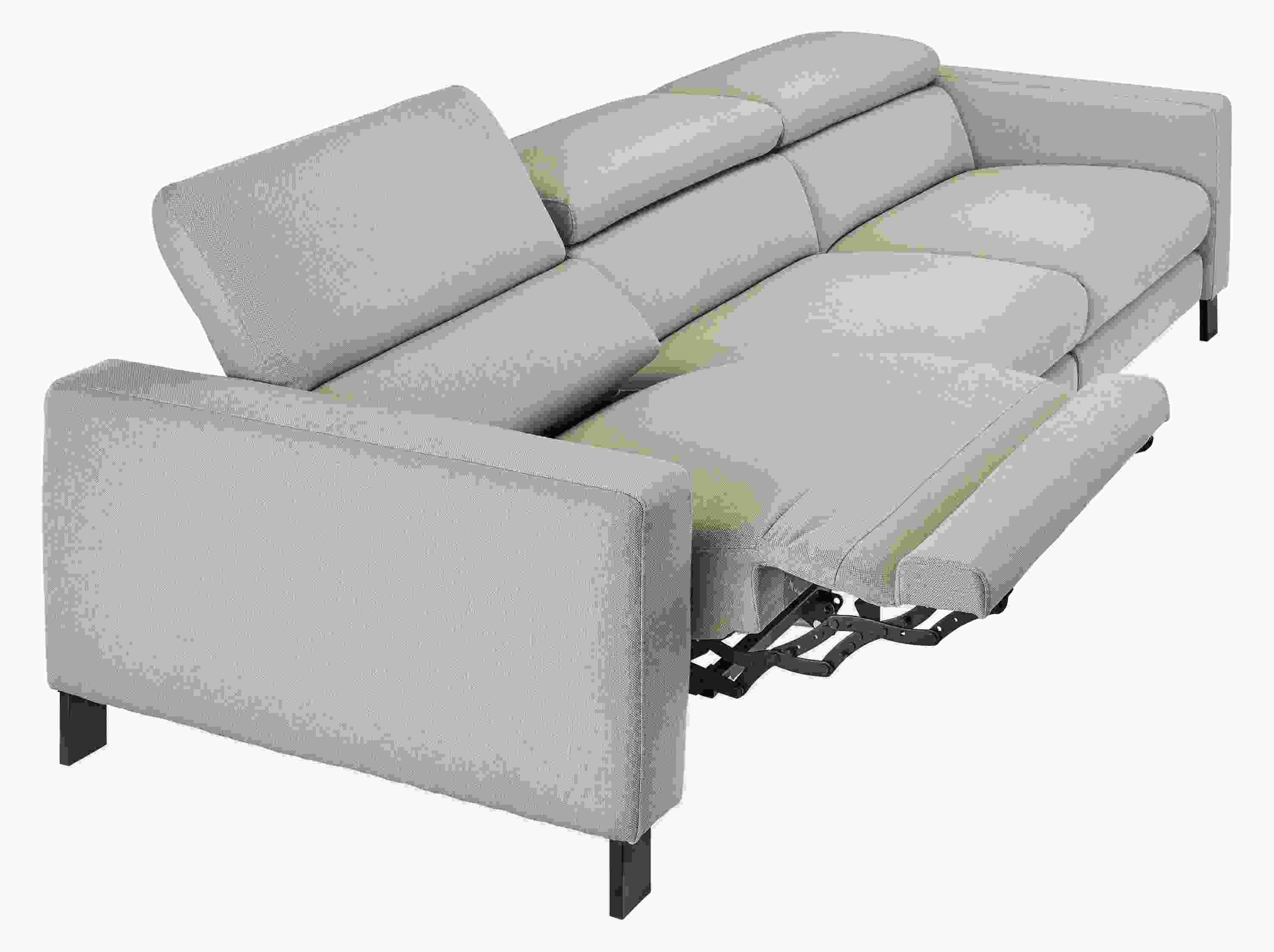 detail of gray Elio sofa with 1 headrest and 1 footrest extended, partially leaned back.