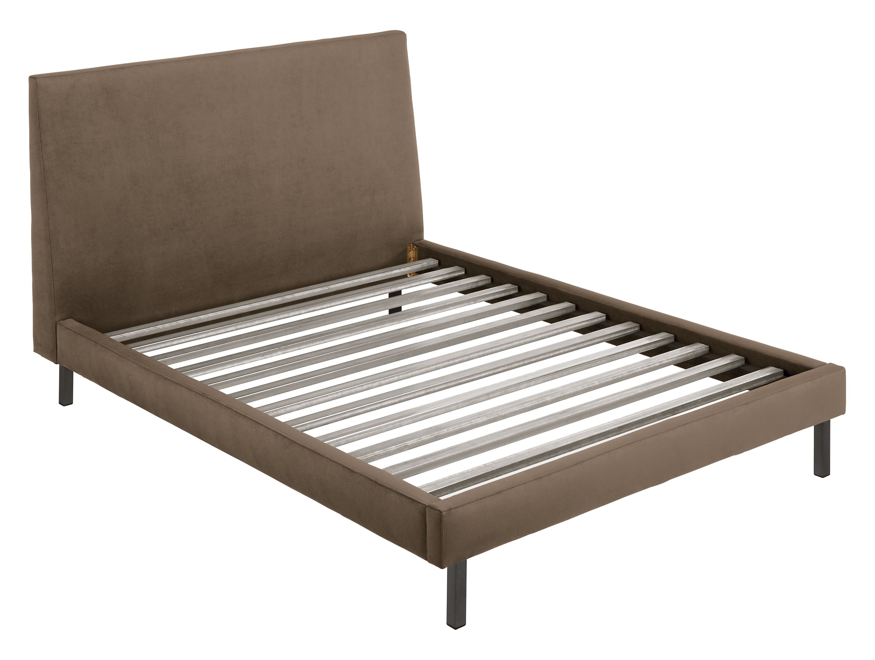 Detail of Ella Queen Bed in Desmond Otter with Natural Steel Legs.