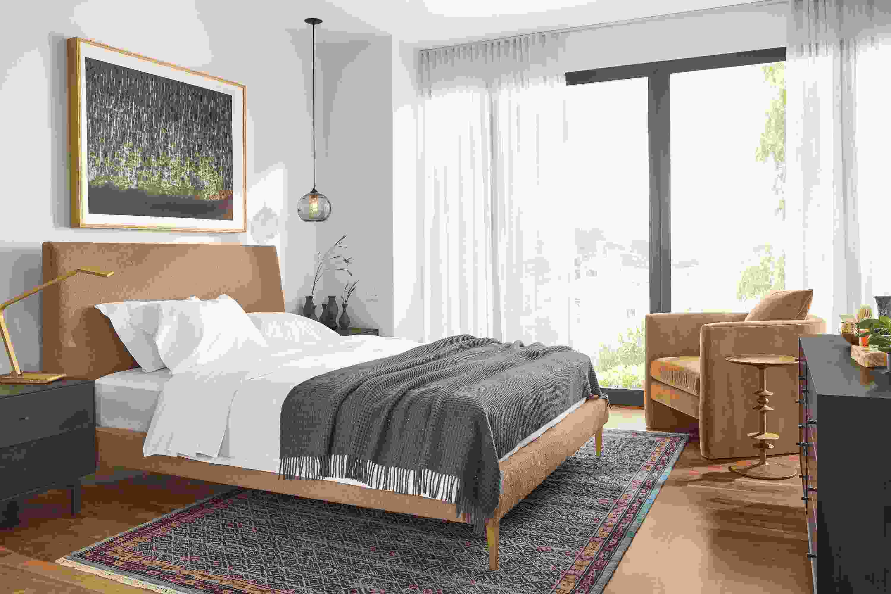 Detail of Ella queen bed in Declan Sienna fabric in bedroom.