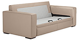 Angled view of the Ellingson Queen Sleeper Sofa in Leather with cushions removed.