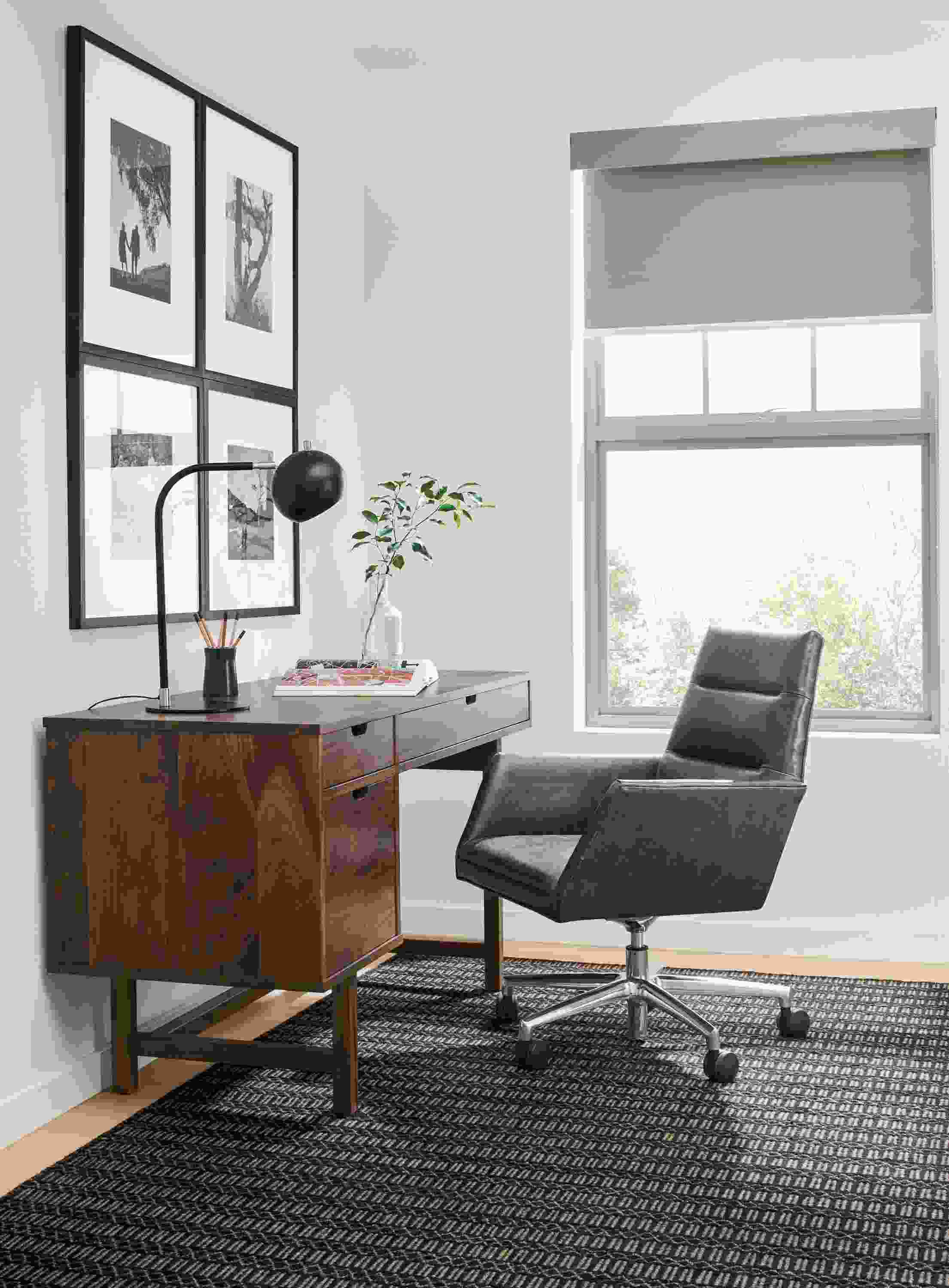 Detail of Ellis single file drawer desk in walnut.