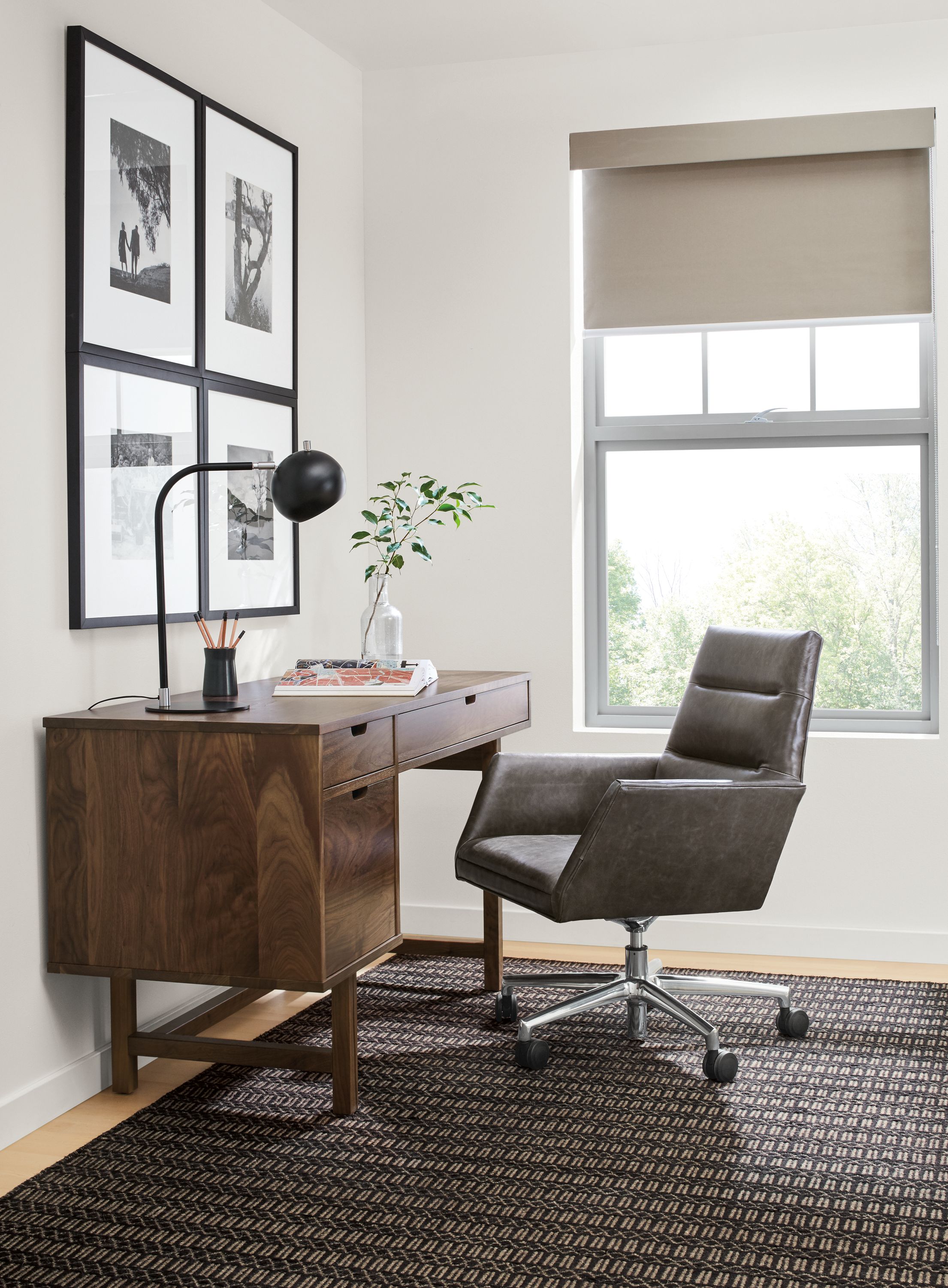 Detail of Ellis single file drawer desk in walnut.