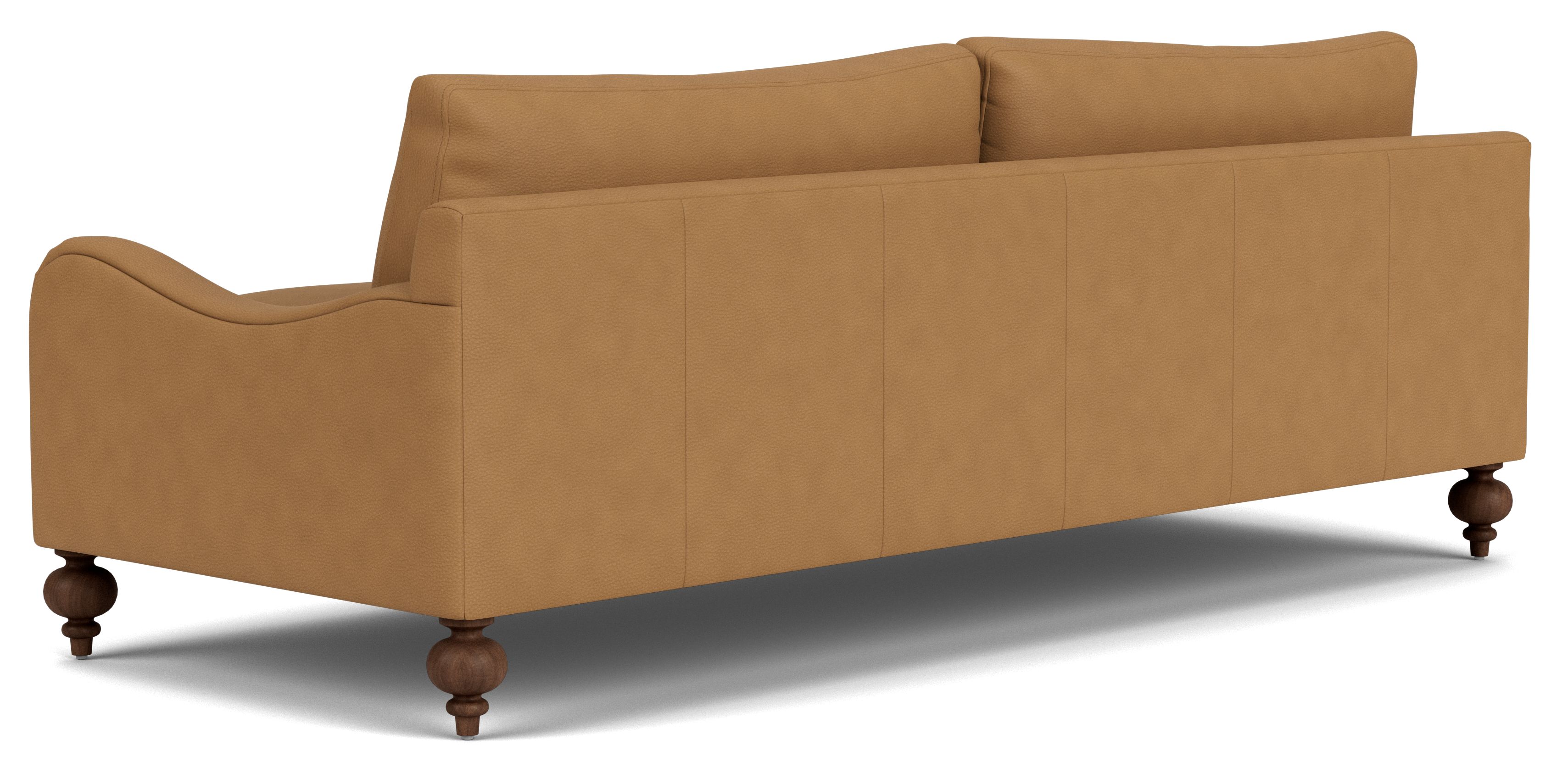 Back view of Eloise 87" Sofa in Laino Camel Leather and Mocha taper legs.