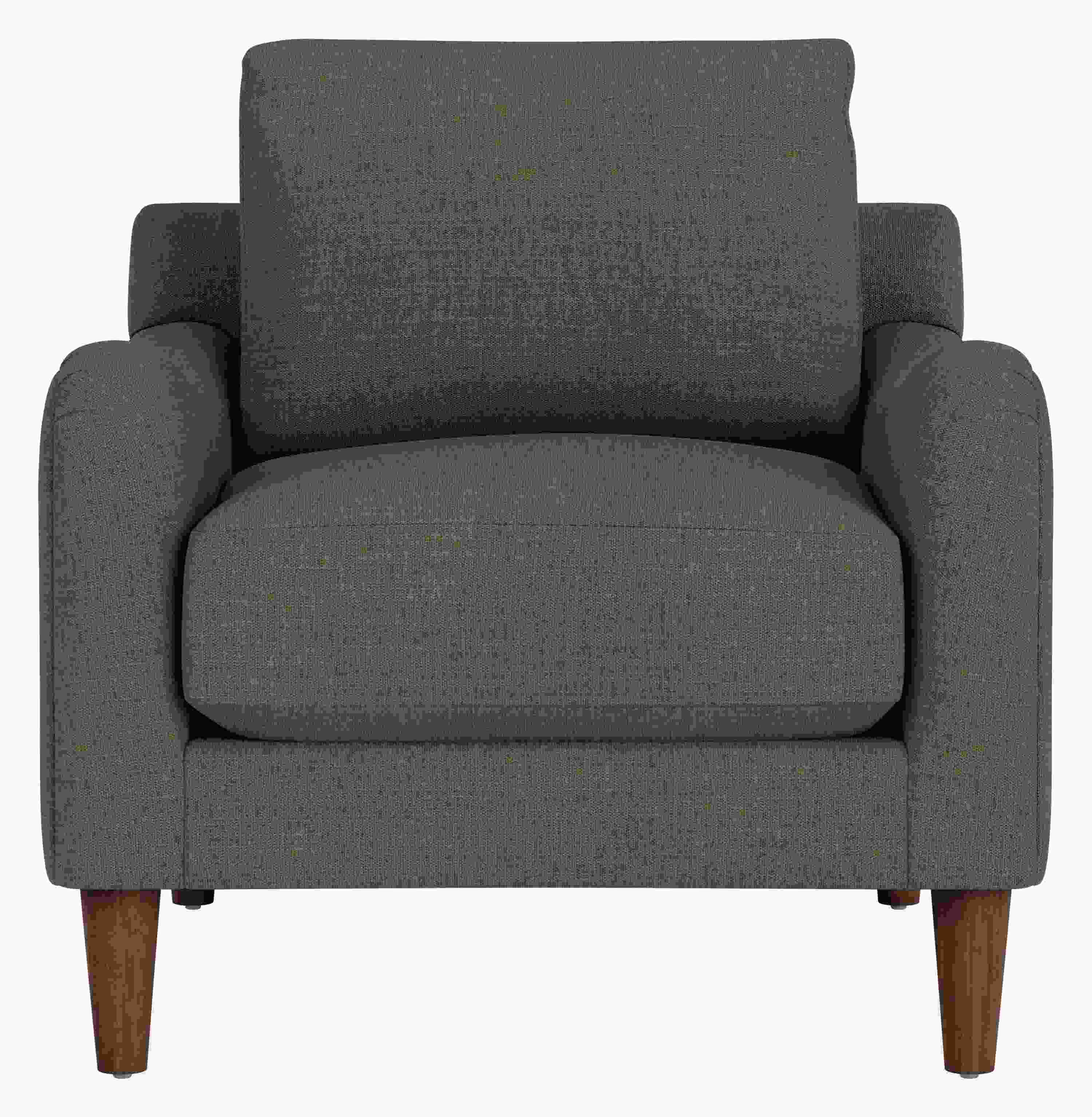 Front view of Eloise Chair in Mori Olive Fabric with Mocha-stained  taper legs.